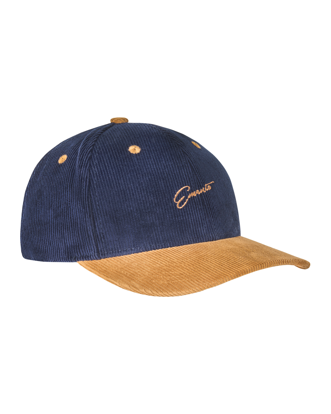 Crafted from soft corduroy, the Cocktail Corduroy Cap features a dark blue helmet and a camel-colored curved brim for a stylish contrast. The front is embroidered with the 'Ementa' logo from our cocktail design, adding a unique touch. The adjustable strap at the back ensures a perfect fit, making it both comfortable and fashionable.