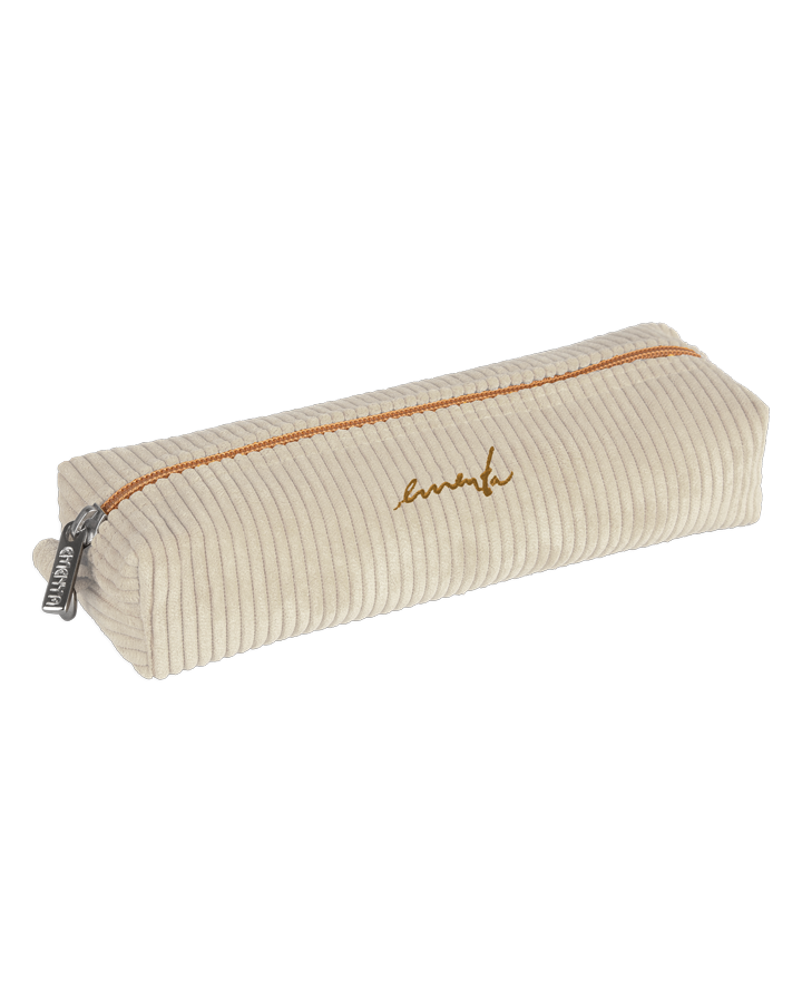This pencil case is made from corduroy fabric and features an embroidered signature logo. It has ample space for pens, pencils, and other stationery essentials. 