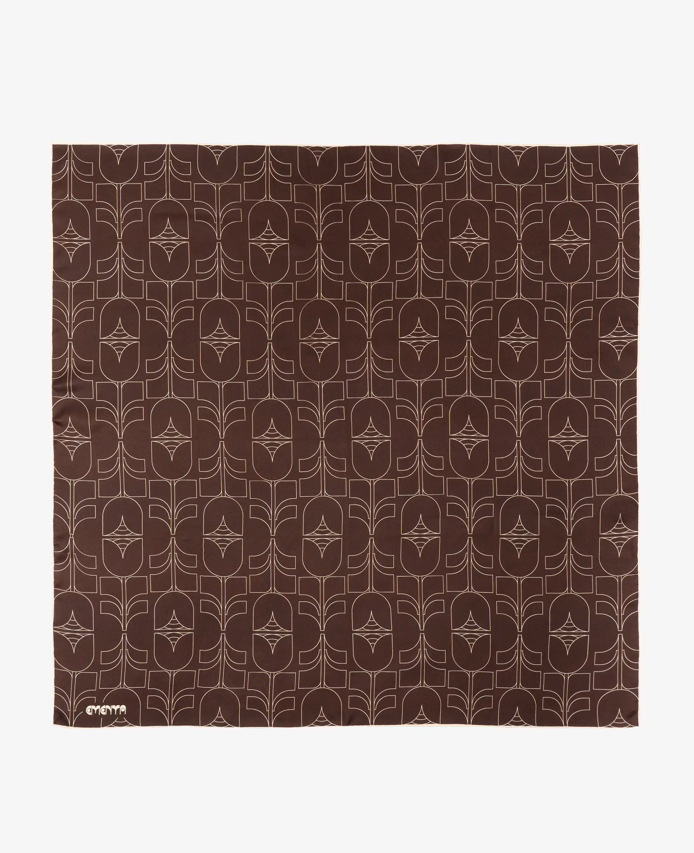 Silk scarf from the Flourish collection, featuring the Tulipa pattern.
Lightweight silk with a smooth finish and soft hand feel.
Square shape suitable for wearing around the neck, head, waist or as a bag accessory.
Printed with the all-over Flourish pattern and finished with the Ementa logo in one corner.
Chocolate base with off-white graphic artwork.
90cmx90cm
Made in Portugal.