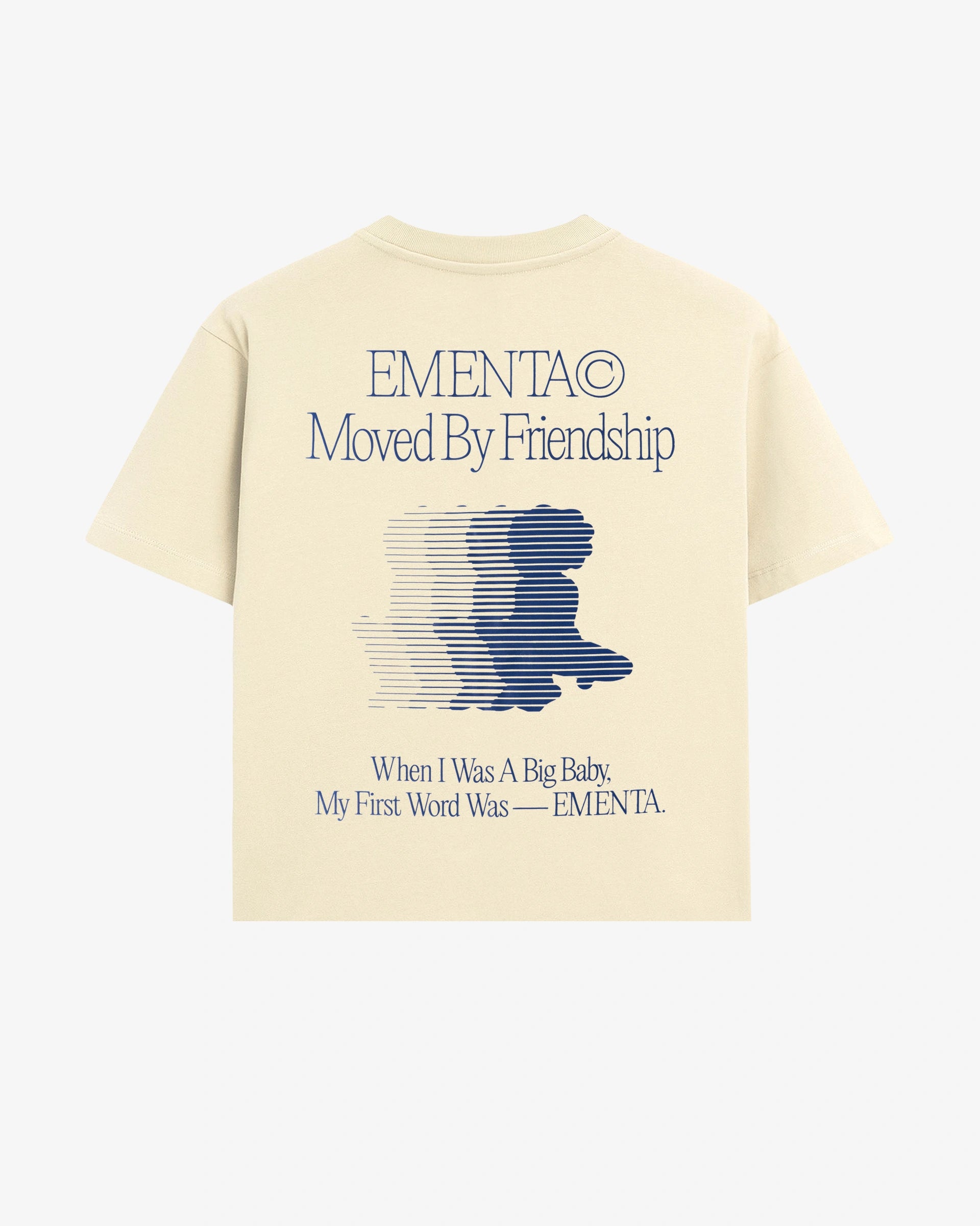 Short sleeve t-shirt
100% cotton fabric with a soft hand feel and medium-weight structure
Boxy fit with a wider silhouette and slightly cropped proportion
Small chest print and large back composition featuring the “Moved By Friendship” motto and Ikon logo with a dragged visual effect
Off-white base with blue printed artwork
Made in Portugal