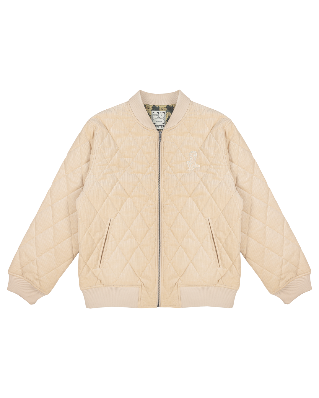 Classic style puffer jacket featuring diamond stitching for added texture. The exterior is crafted from soft corduroy, providing both comfort and durability, while the interior is made from smooth polyester for a cozy fit.