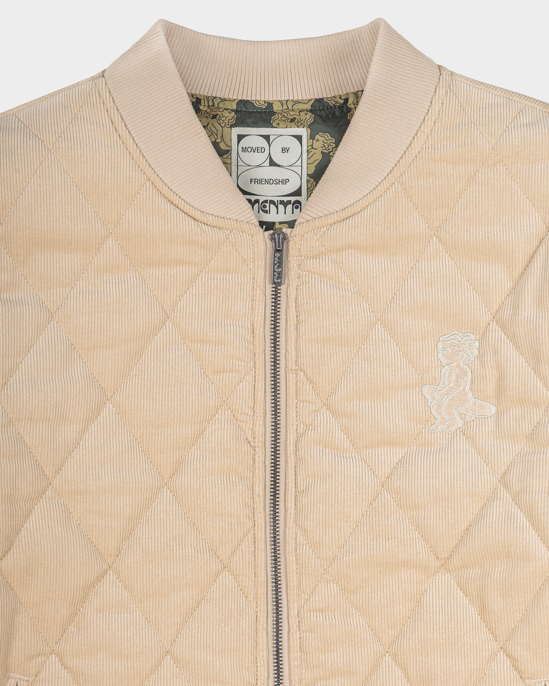 Classic style puffer jacket featuring diamond stitching for added texture. The exterior is crafted from soft corduroy, providing both comfort and durability, while the interior is made from smooth polyester for a cozy fit.