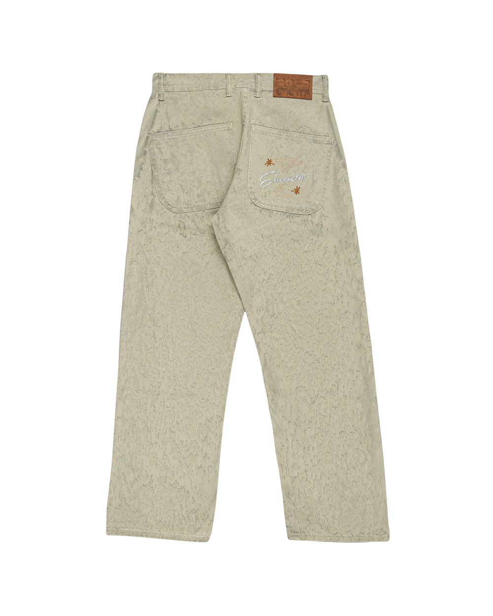 Relaxed-fit twill pants made from dyed green rag twill fabric, designed for comfort and durability with a focus on providing the perfect fit. The pants feature the cocktail design embroidered on the back pocket for added detail. Equipped with two back pockets and two front pockets.