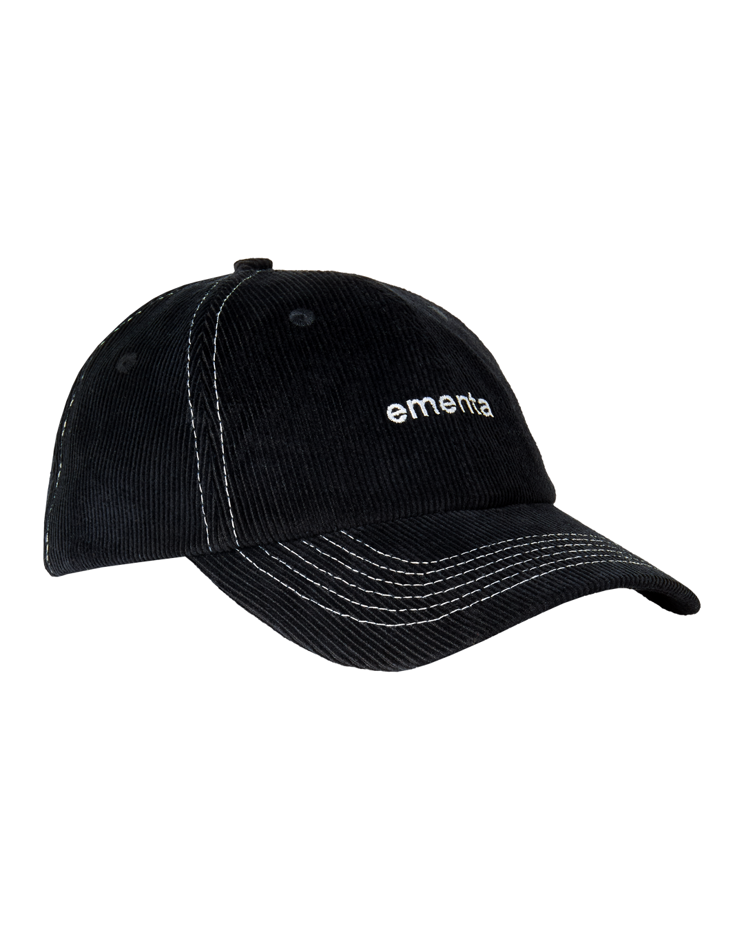 A black corduroy cap with visible white stitching, crafted from 100% cotton for a comfortable fit. Featuring a firm, curved peak and an embroidered Ementa logo, this six-panel cap offers a sleek, structured look. The adjustable strap with a metal buckle ensures a perfect, customizable fit.
Made in Portugal.
