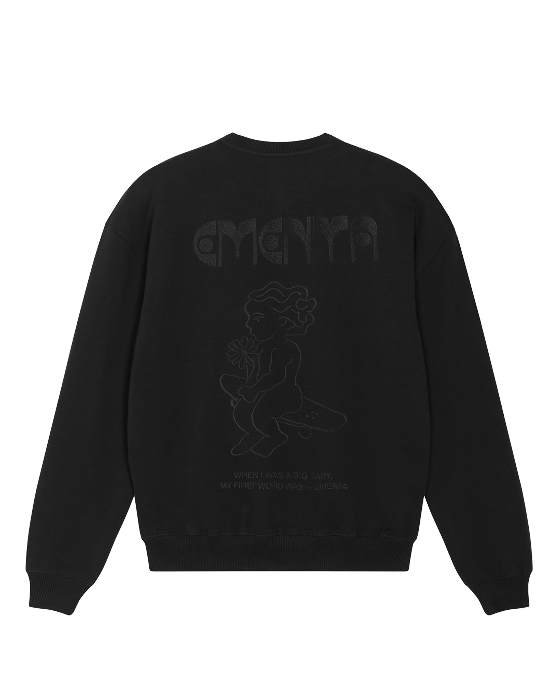 Limited Edition
The First Word Crewneck is made from heavy 100% organic cotton, offering a natural texture and weight. The back features the embroidered phrase "When I was a big baby, my first word was - EMENTA," adding a unique touch to its design.