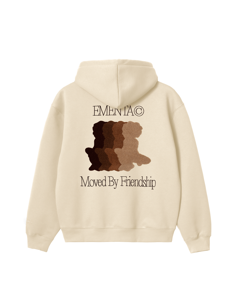 The Friendship Hoodie in off-white features the motto "Moved By Friendship" embroidered on the front in a classic handwritten style. On the back, the Ikon logo appears with a dragged effect, adding a distinctive detail.
Made from heavyweight 100% cotton, the hoodie is durable and warm, with a brushed fleece interior for extra comfort. Ribbed cuffs and hem provide structure, and the kangaroo pocket adds functionality.