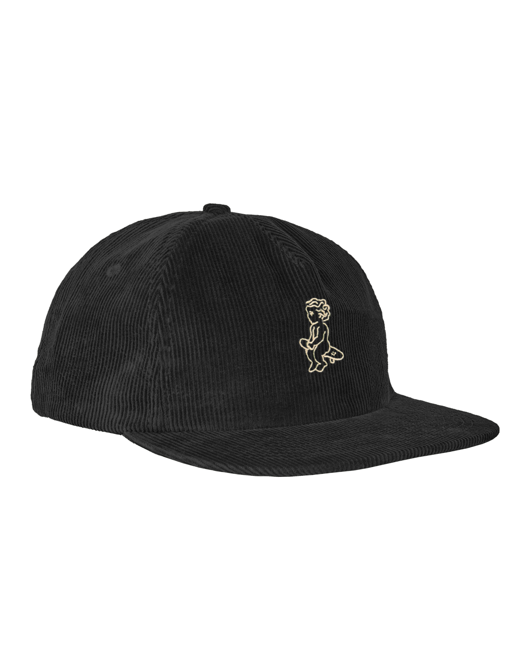 A flat five-panel cap in black, crafted from cotton corduroy for a structured yet comfortable fit. Designed with a rigid, flat brim and a lined front panel, it features top seams for added detail. The embroidered Ikon logo on the front adds a subtle touch, while the adjustable strap with a metal buckle ensures a customized fit.