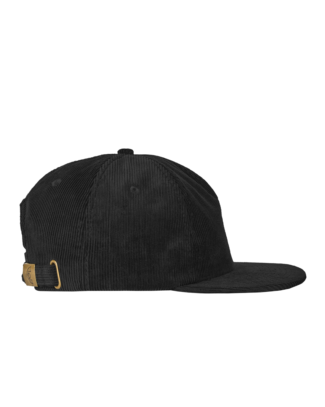 A flat five-panel cap in black, crafted from cotton corduroy for a structured yet comfortable fit. Designed with a rigid, flat brim and a lined front panel, it features top seams for added detail. The embroidered Ikon logo on the front adds a subtle touch, while the adjustable strap with a metal buckle ensures a customized fit.