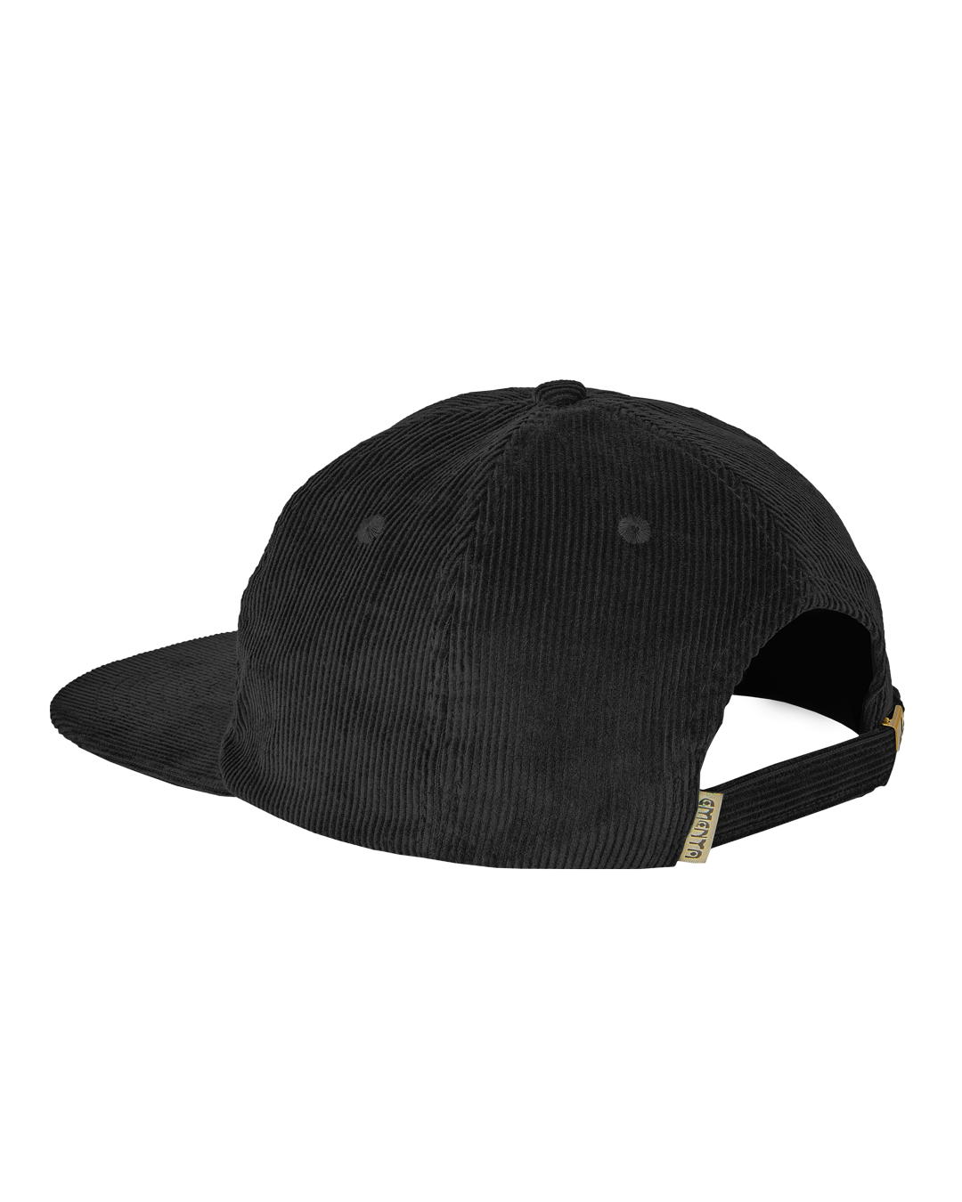 A flat five-panel cap in black, crafted from cotton corduroy for a structured yet comfortable fit. Designed with a rigid, flat brim and a lined front panel, it features top seams for added detail. The embroidered Ikon logo on the front adds a subtle touch, while the adjustable strap with a metal buckle ensures a customized fit.