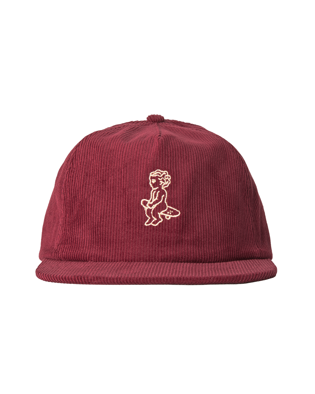 A flat 5-panel burgundy cap made from cotton corduroy, featuring a rigid, flat brim and a lined front panel. The cap includes top seams and an embroidered Ikon logo on the front, with an adjustable strap and metal buckle to ensure a customized fit.