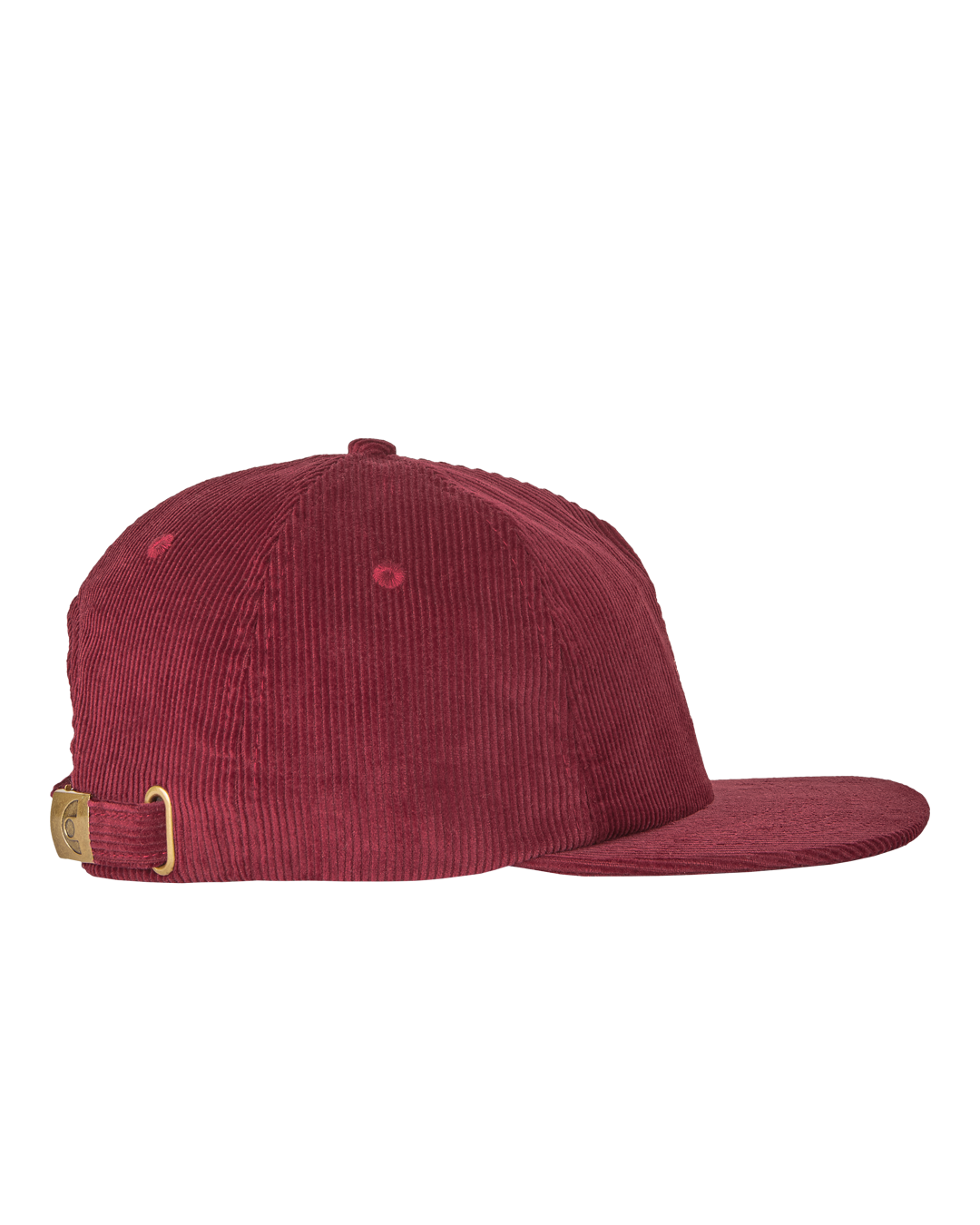 A flat 5-panel burgundy cap made from cotton corduroy, featuring a rigid, flat brim and a lined front panel. The cap includes top seams and an embroidered Ikon logo on the front, with an adjustable strap and metal buckle to ensure a customized fit.