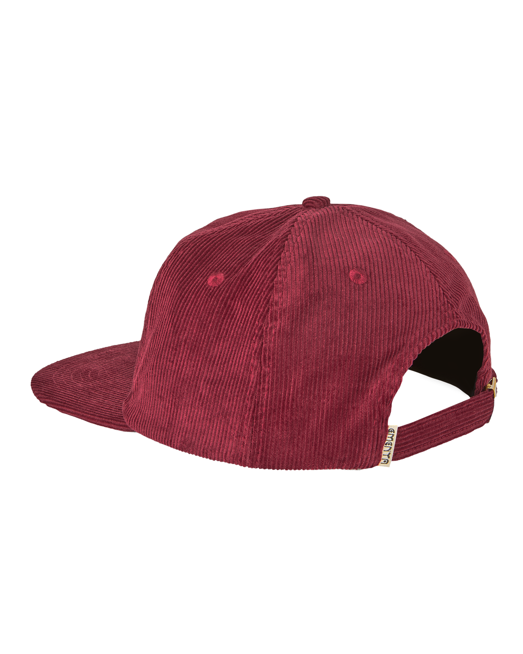 A flat 5-panel burgundy cap made from cotton corduroy, featuring a rigid, flat brim and a lined front panel. The cap includes top seams and an embroidered Ikon logo on the front, with an adjustable strap and metal buckle to ensure a customized fit.