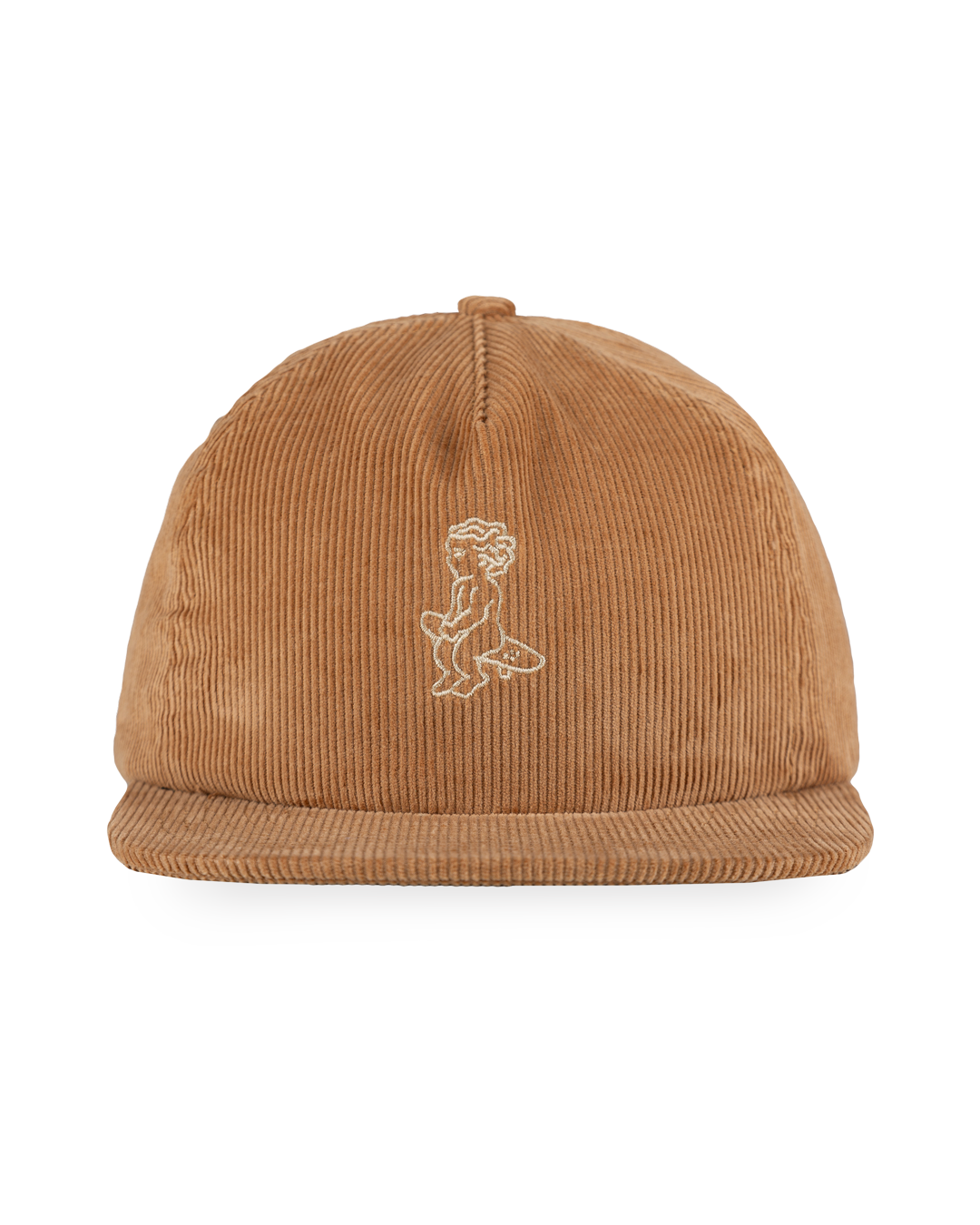 A flat five-panel cap in camel, crafted from cotton corduroy for a structured yet comfortable fit. Designed with a rigid, flat brim and a lined front panel, it features top seams for added detail. The embroidered Ikon logo on the front adds a subtle touch, while the adjustable strap with a metal buckle ensures a customized fit.