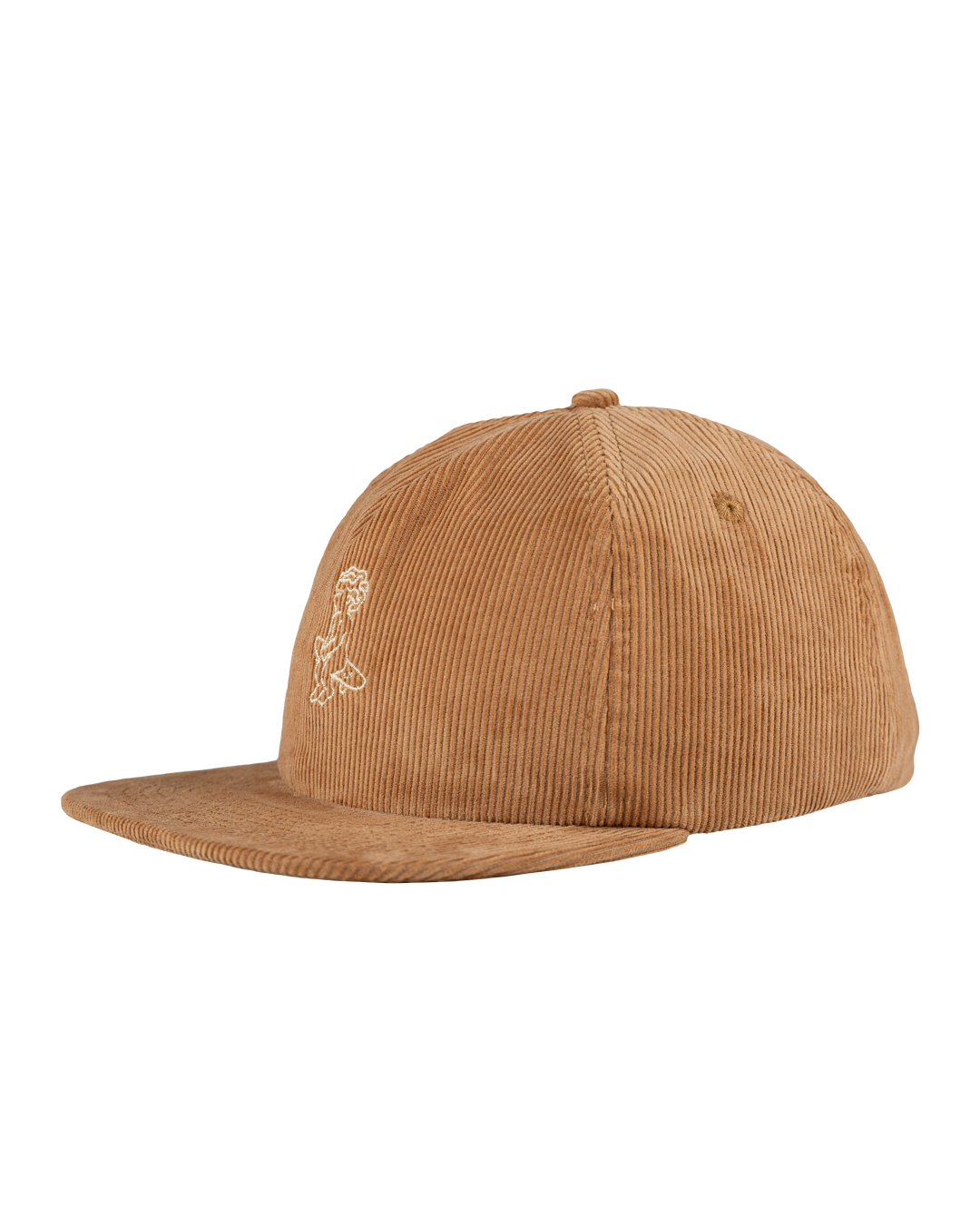 A flat five-panel cap in camel, crafted from cotton corduroy for a structured yet comfortable fit. Designed with a rigid, flat brim and a lined front panel, it features top seams for added detail. The embroidered Ikon logo on the front adds a subtle touch, while the adjustable strap with a metal buckle ensures a customized fit.