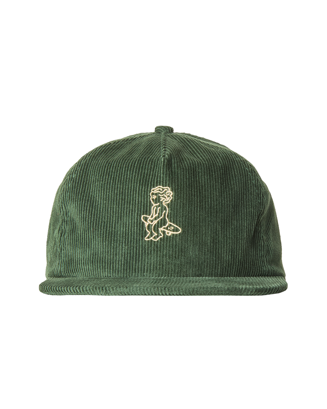 A flat five-panel cap in green, crafted from cotton corduroy for a structured yet comfortable fit. Designed with a rigid, flat brim and a lined front panel, it features top seams for added detail. The embroidered Ikon logo on the front adds a subtle touch, while the adjustable strap with a metal buckle ensures a customized fit.