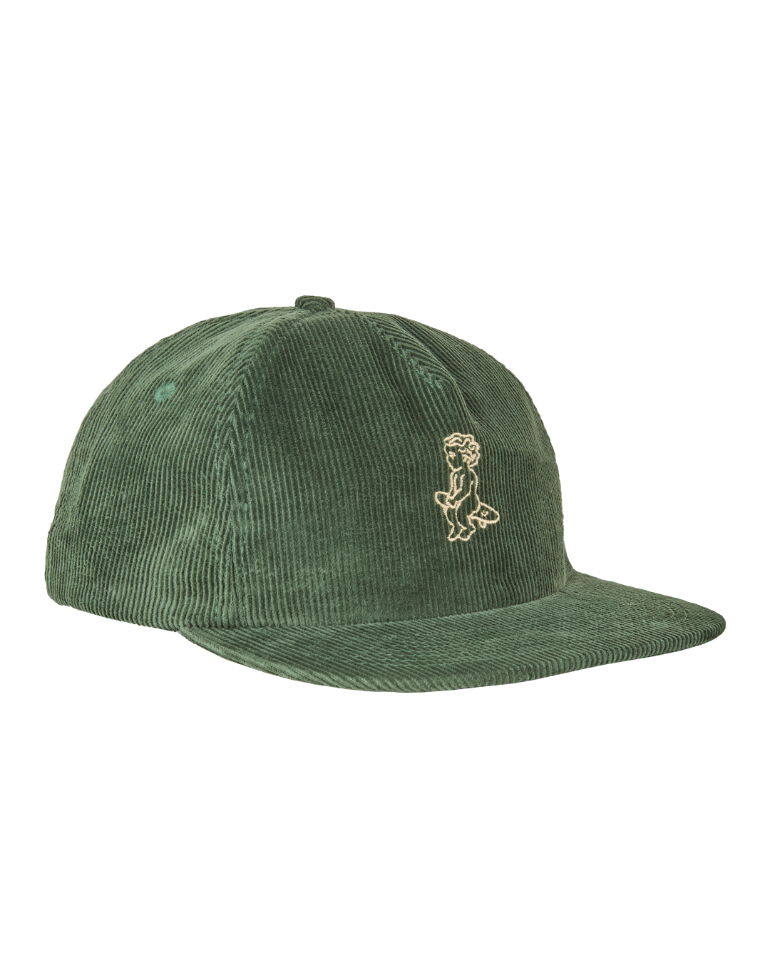 A flat five-panel cap in green, crafted from cotton corduroy for a structured yet comfortable fit. Designed with a rigid, flat brim and a lined front panel, it features top seams for added detail. The embroidered Ikon logo on the front adds a subtle touch, while the adjustable strap with a metal buckle ensures a customized fit.