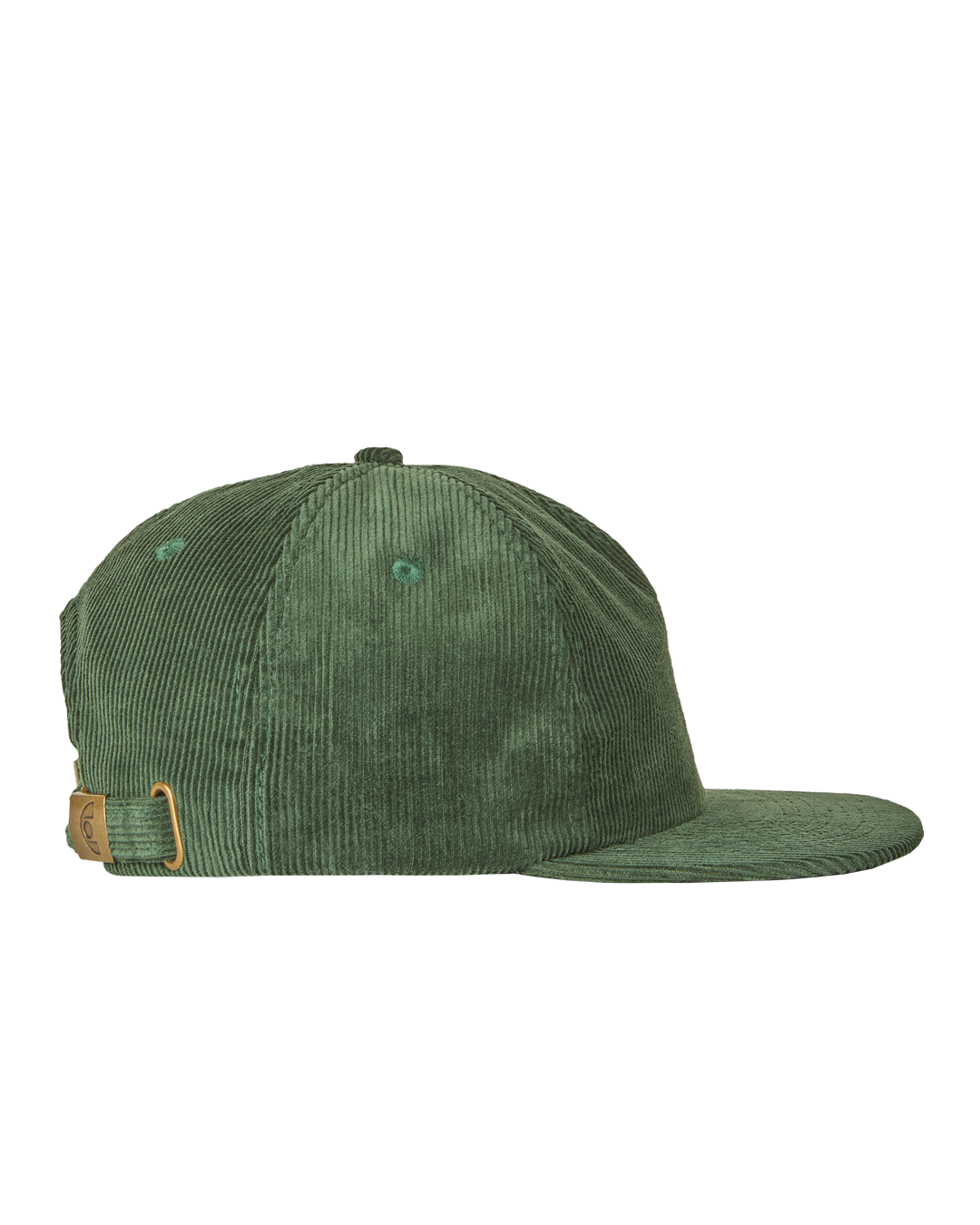 A flat five-panel cap in green, crafted from cotton corduroy for a structured yet comfortable fit. Designed with a rigid, flat brim and a lined front panel, it features top seams for added detail. The embroidered Ikon logo on the front adds a subtle touch, while the adjustable strap with a metal buckle ensures a customized fit.