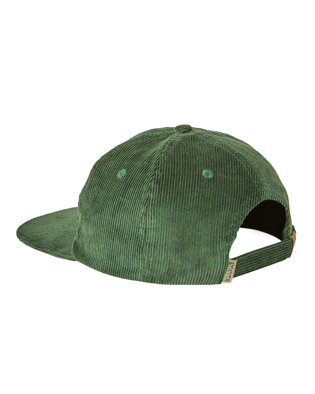 A flat five-panel cap in green, crafted from cotton corduroy for a structured yet comfortable fit. Designed with a rigid, flat brim and a lined front panel, it features top seams for added detail. The embroidered Ikon logo on the front adds a subtle touch, while the adjustable strap with a metal buckle ensures a customized fit.