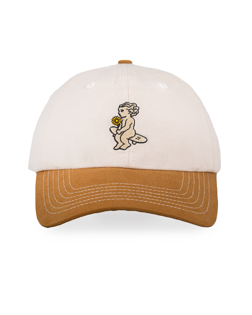 Off-white crown, camel brim, white stitching holding it all together. The Ikon Flower is embroidered on the front, the kind of detail that makes you look twice. On the side, "Moved by Friendship" is stitched in, a reminder of what really matters. Around back, the Dots logo sits above the adjustable strap—small details that tie it all together.