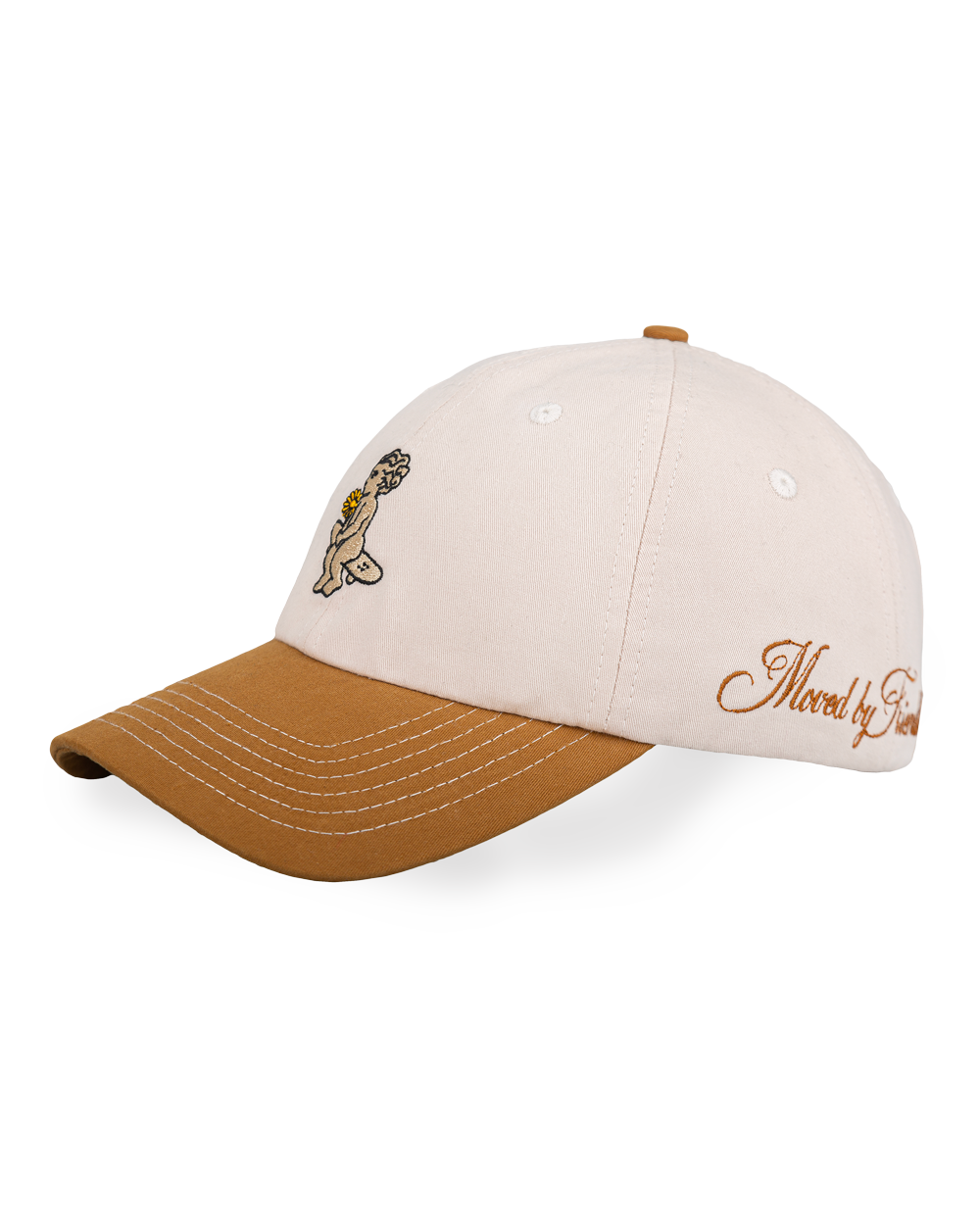 Off-white crown, camel brim, white stitching holding it all together. The Ikon Flower is embroidered on the front, the kind of detail that makes you look twice. On the side, "Moved by Friendship" is stitched in, a reminder of what really matters. Around back, the Dots logo sits above the adjustable strap—small details that tie it all together.