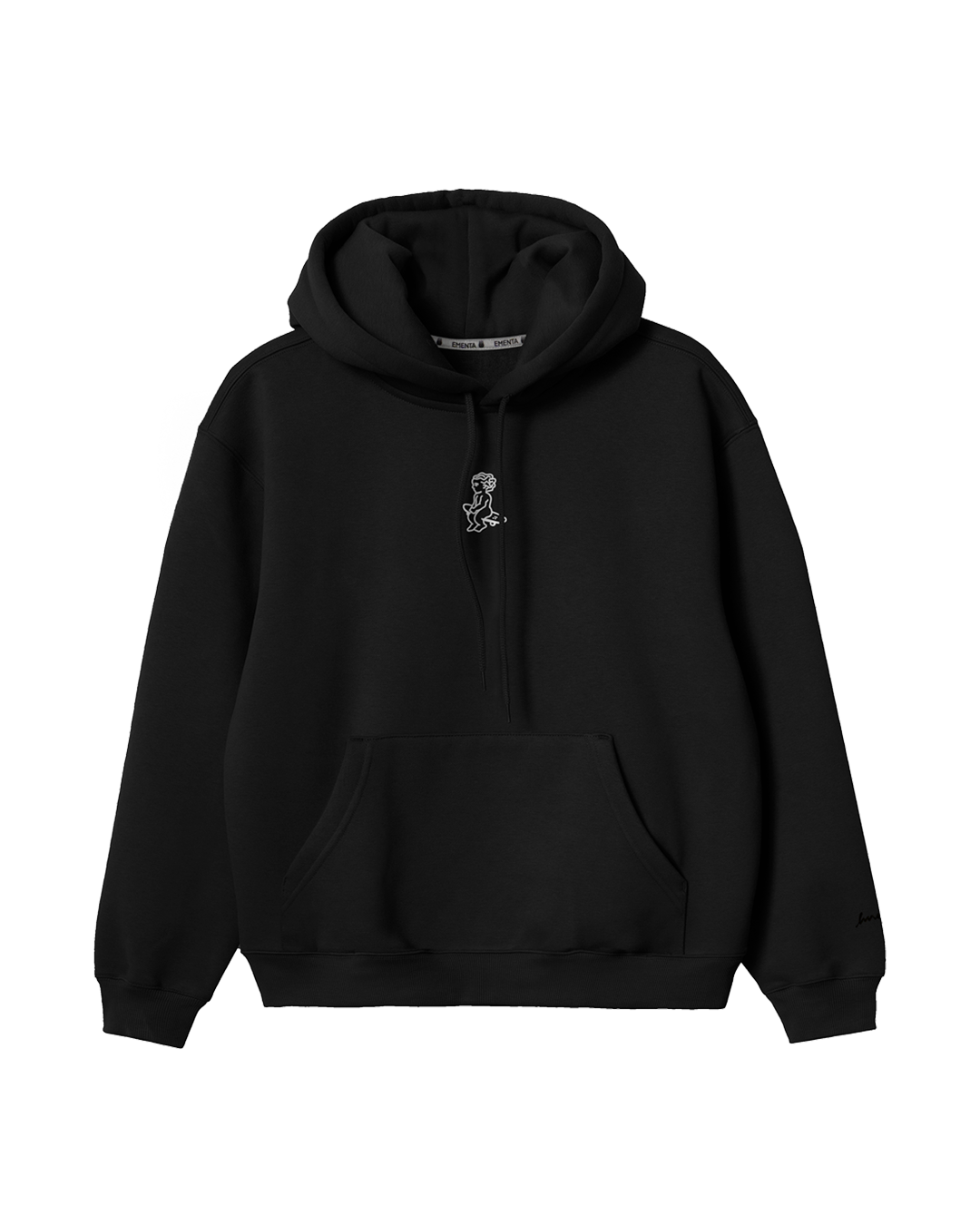 Crafted from heavyweight 100% cotton, this black hoodie is designed to hold its shape and resist frequent wear, offering durability and a cozy feel. The interior is lined with heavyweight brushed fleece for added warmth. It features an embossed print with a textured Ikon stamp and an embroidered signature on the right wrist.