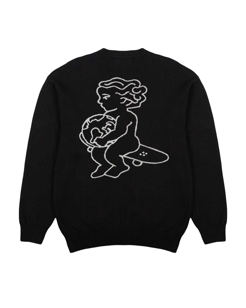Knit cardigan made from soft yarn, featuring a classic cardigan design that blends modern elements with timeless style. The piece showcases a bold Ikon World design on the back and an Ementa logo embroidered on the chest.