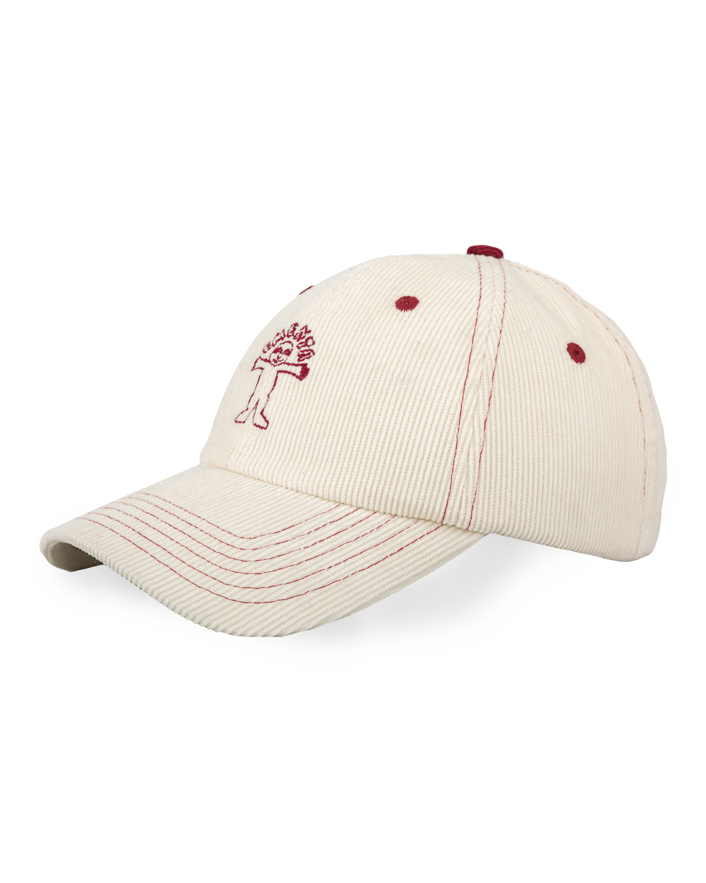 Off-white corduroy with burgundy stitching running through the seams. The Liberation design is embroidered in deep burgundy on the front, standing out against the soft texture. Six-panel build, curved brim, and an adjustable strap at the back. 100% cotton corduroy.