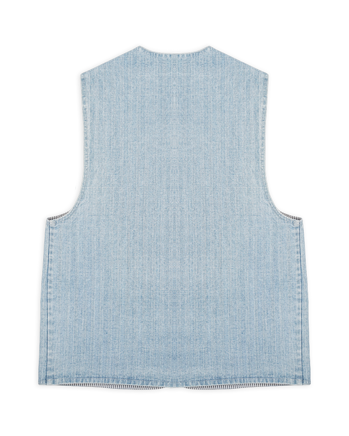 Denim striped vest made from soft, durable cotton fabric. The design features a striped denim pattern with an embroidered Ikon logo on the chest, combining texture and subtle branding.