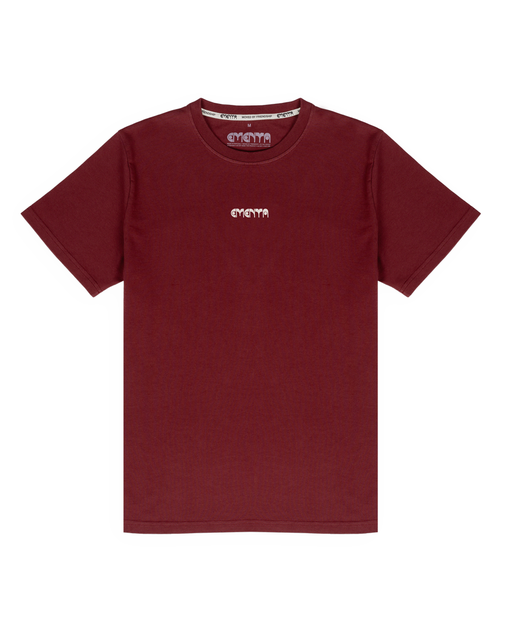 Artist Collaboration T-Shirt.
The Loyalty T-shirt in burgundy, features the Ementa logo on the front and an artwork from our latest artist collaboration on the back. It offers a regular fit, blending comfort with a creative design.