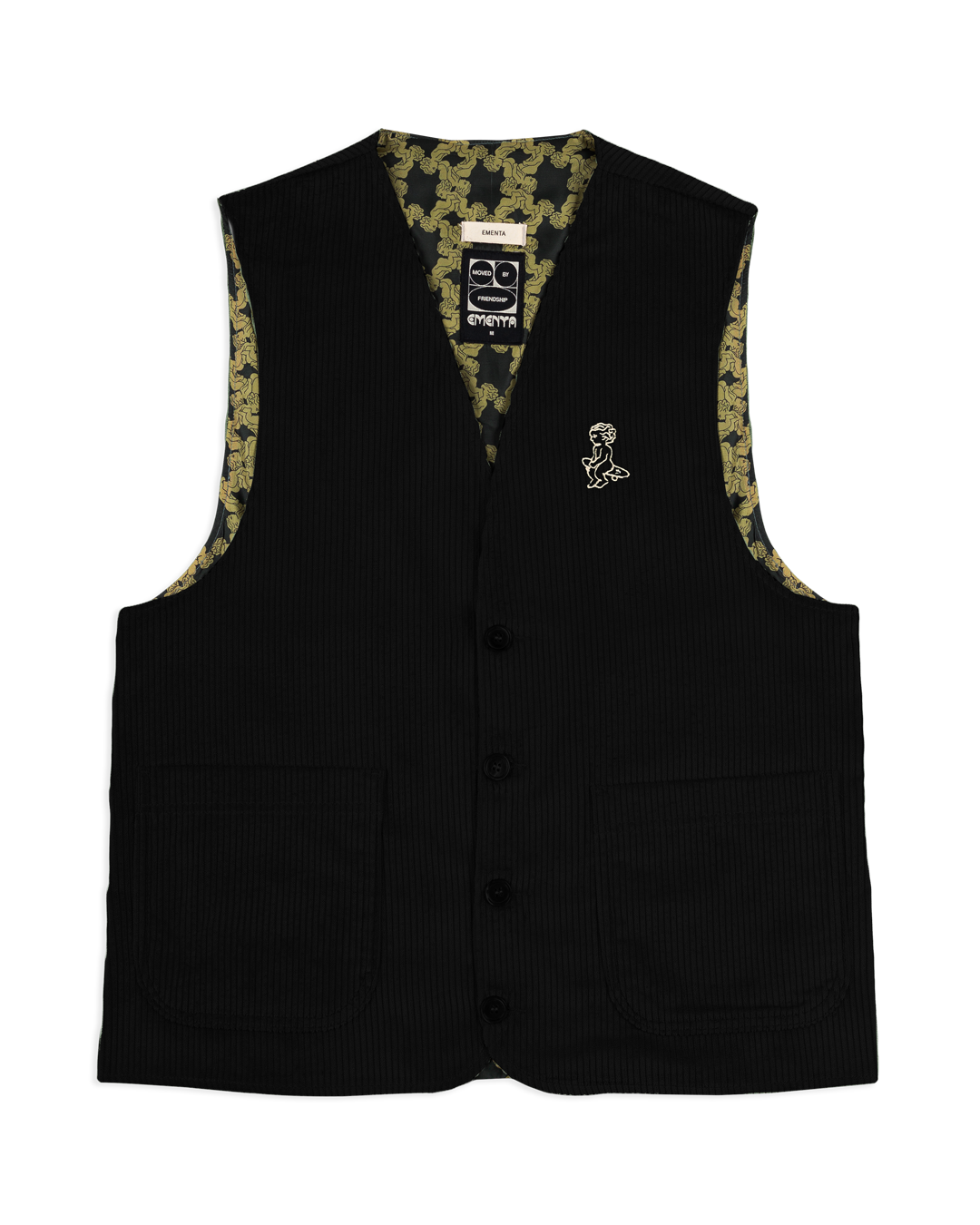 The Mandriola Ikon Corduroy Vest in black is crafted from premium corduroy fabric, this vest is treated with a liquid-repellent coating to offer practical protection while maintaining a stylish look. The design features an inside pocket for added convenience and an embroidered Ikon logo for a touch of distinction.