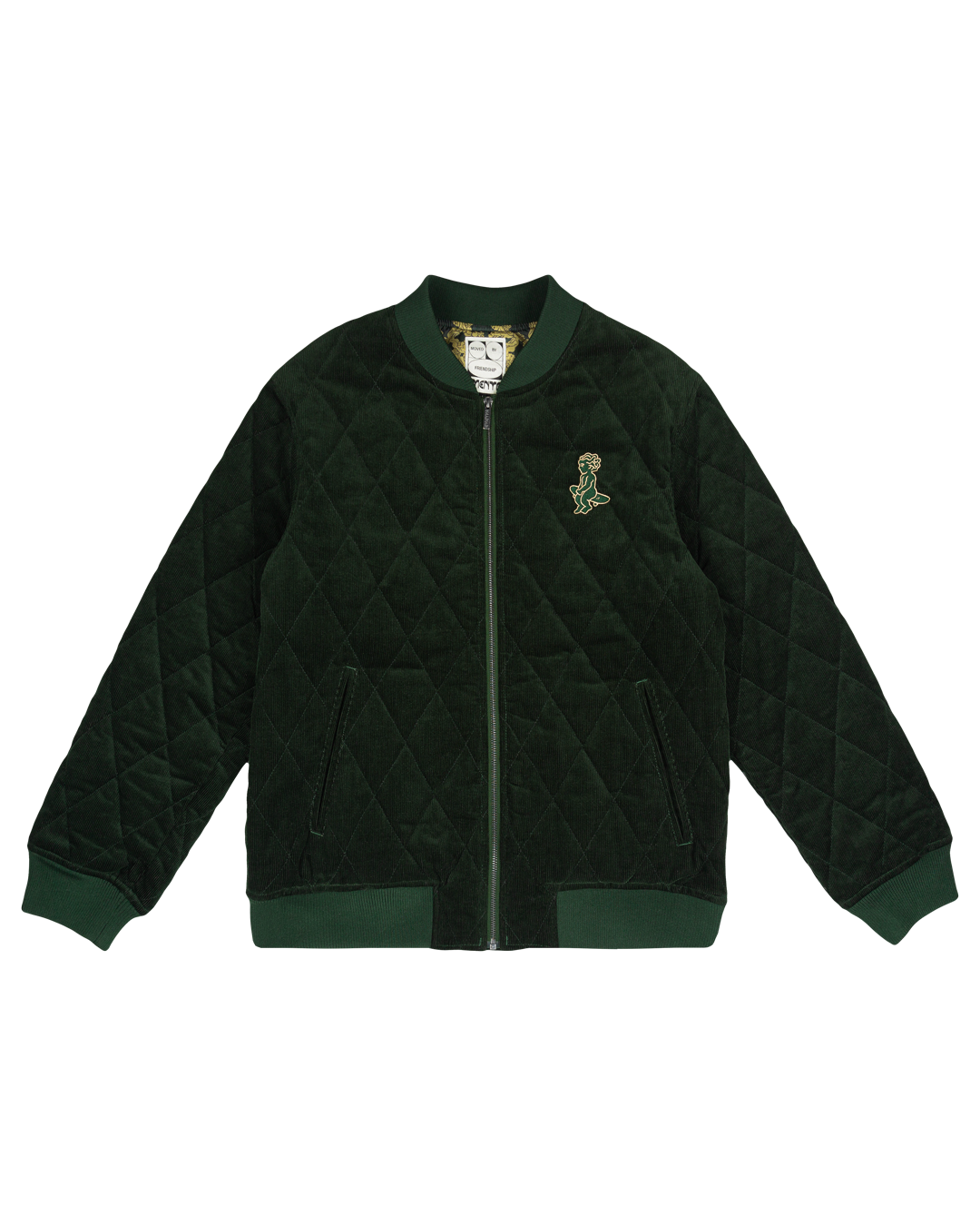 Classic style corduroy puffer jacket in green featuring diamond stitching for added texture. The exterior is crafted from soft corduroy, providing both comfort and durability, while the interior is made from smooth polyester for a cozy fit.