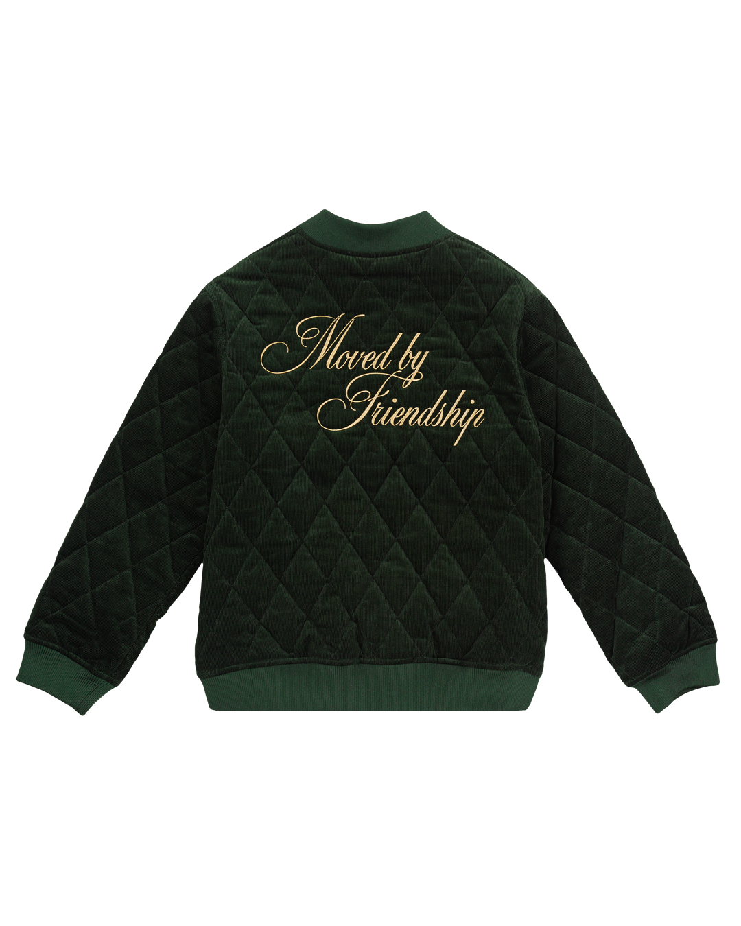 Classic style corduroy puffer jacket in green featuring diamond stitching for added texture. The exterior is crafted from soft corduroy, providing both comfort and durability, while the interior is made from smooth polyester for a cozy fit.