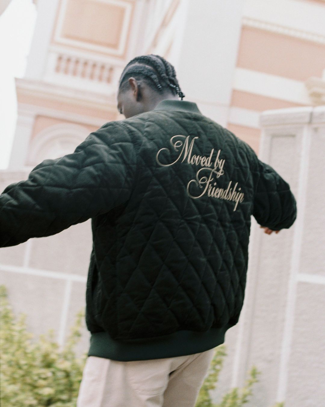 Classic style corduroy puffer jacket in green featuring diamond stitching for added texture. The exterior is crafted from soft corduroy, providing both comfort and durability, while the interior is made from smooth polyester for a cozy fit.