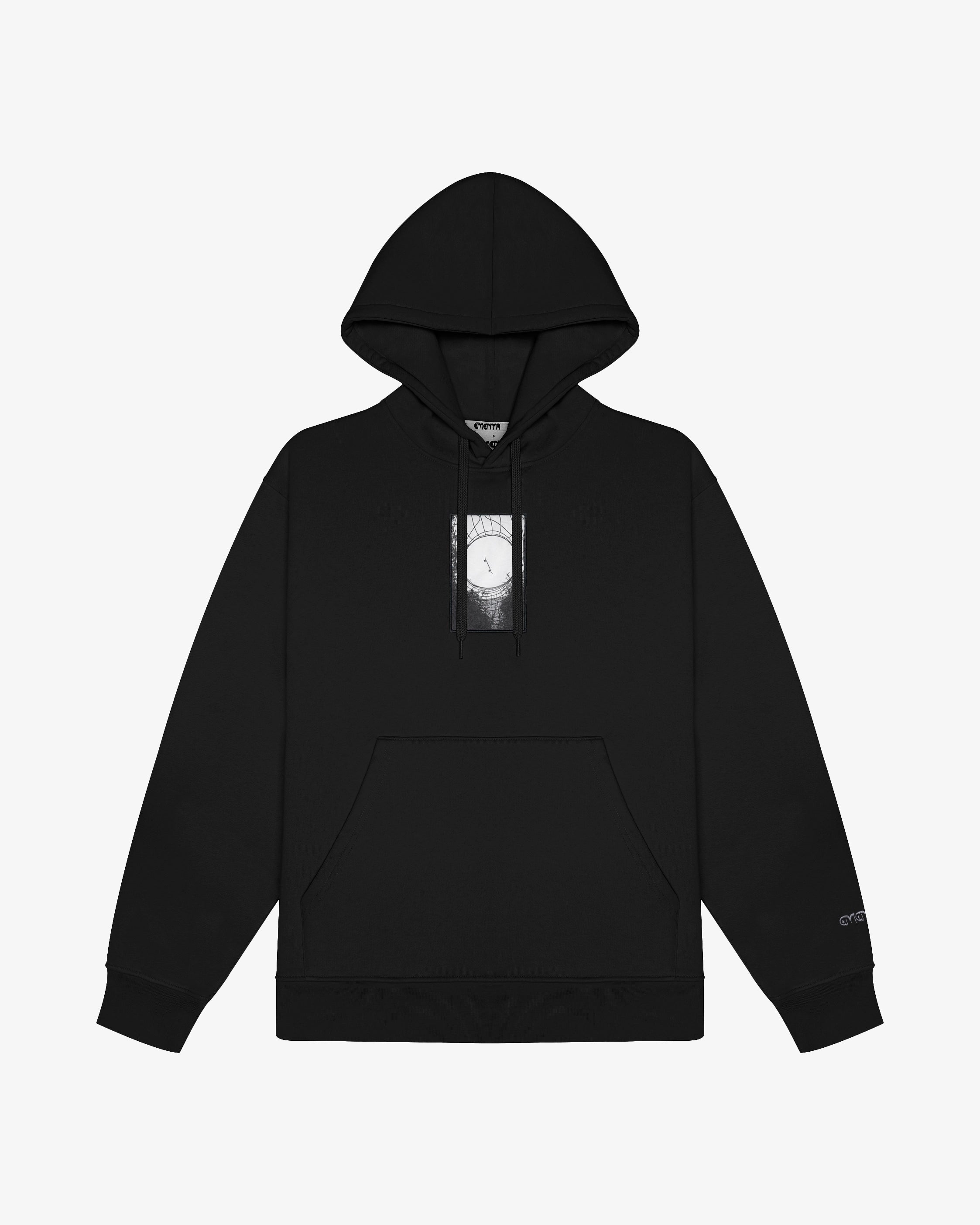Black cotton hoodie with front photographic graphic panel and drawstring hood