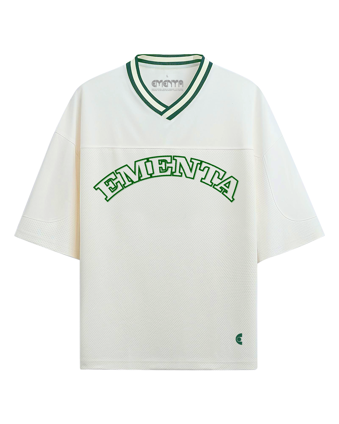 Breathable mesh fabric on the lower half, cotton-poly blend on the upper half
Oversized fit
White color with green accents
Large 'EMENTA' embroidery on the chest, small branded detail embroidered on bottom right
V-neck collar with double green stripes
Oversized sleeves for a relaxed silhouette