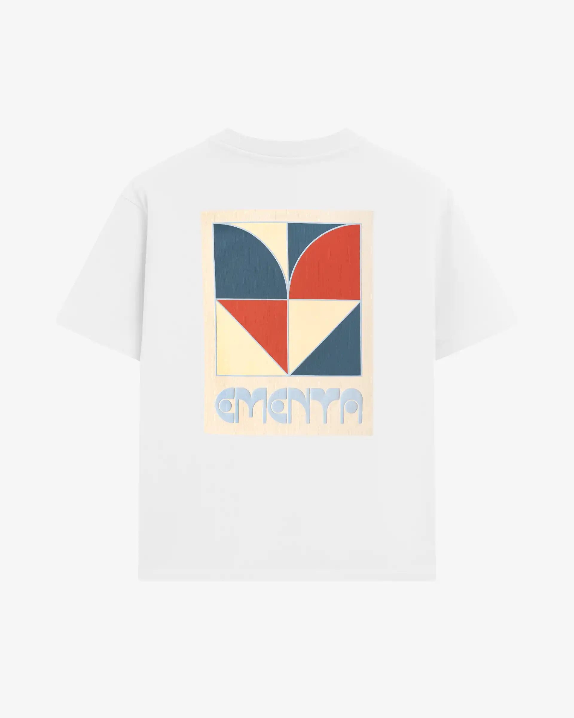 Short sleeve t-shirt made from 100% cotton jersey with a 240 gsm weight and structured feel
Regular fit with a straight silhouette
Small front print and oversized back graphic featuring the Heart artwork and Ementa branding
White base with blue, red and off-white graphic composition
Ribbed collar and clean hem finish
Machine wash cold. Do not tumble dry
Made in Portugal