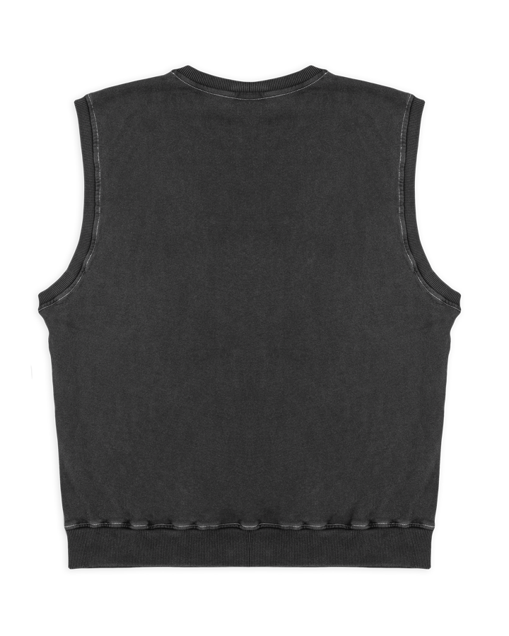 Cotton vest in grey washed, constructed from soft fabric, designed with a relaxed, loose fit for ease of movement. The vest features a subtle embroidered design on the chest, adding minimal detailing.