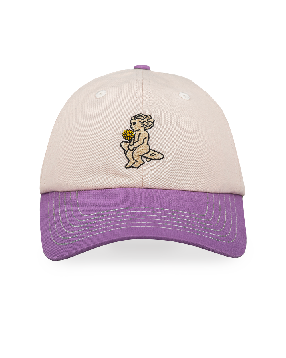 Off-white crown, purple brim, white stitching holding it all together. The Ikon Flower is embroidered on the front, the kind of detail that makes you look twice. On the side, "Moved by Friendship" is stitched in, a reminder of what really matters. Around back, the Dots logo sits above the adjustable strap—small details that tie it all together.