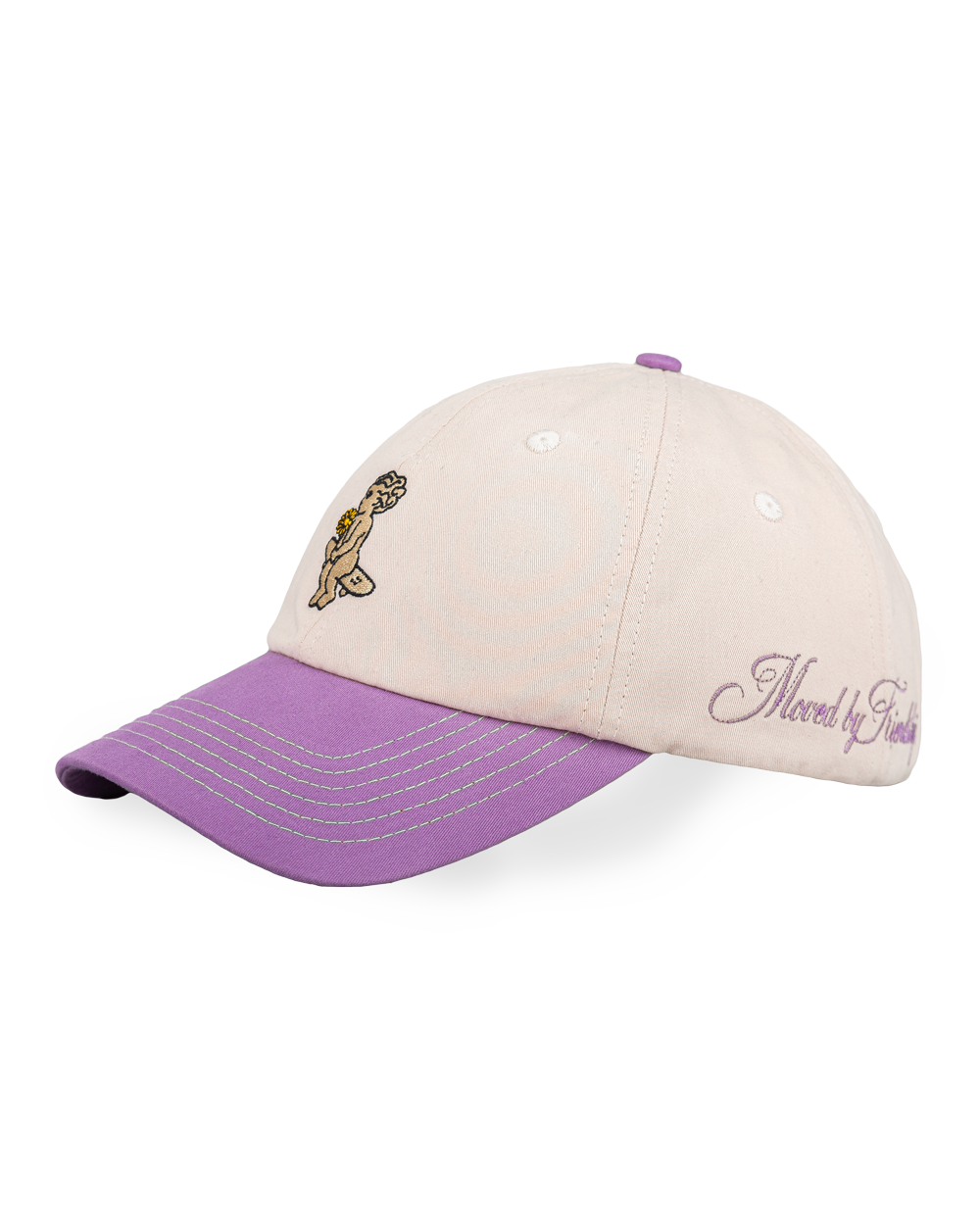 Off-white crown, purple brim, white stitching holding it all together. The Ikon Flower is embroidered on the front, the kind of detail that makes you look twice. On the side, "Moved by Friendship" is stitched in, a reminder of what really matters. Around back, the Dots logo sits above the adjustable strap—small details that tie it all together.