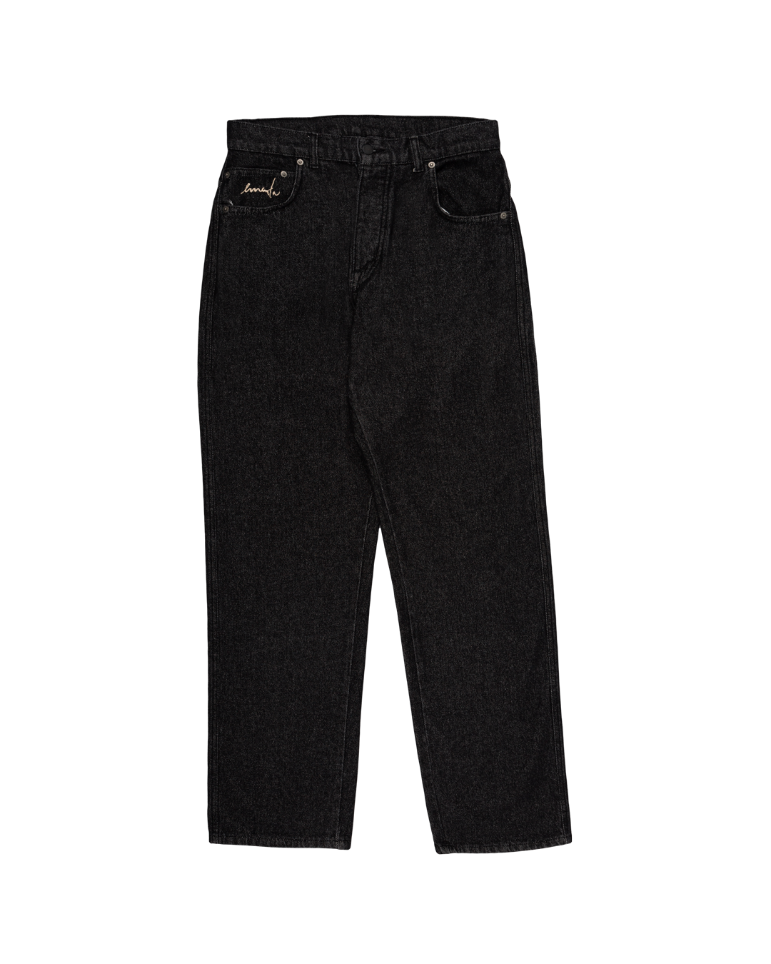 comfortable and durable relaxed-fit jeans are made from black rinsed denim, designed with care to provide the perfect fit. Crafted from 100% cotton, they feature an embroidered logo on both the front and back. Made in Portugal, these unisex jeans are a versatile addition to any wardrobe.