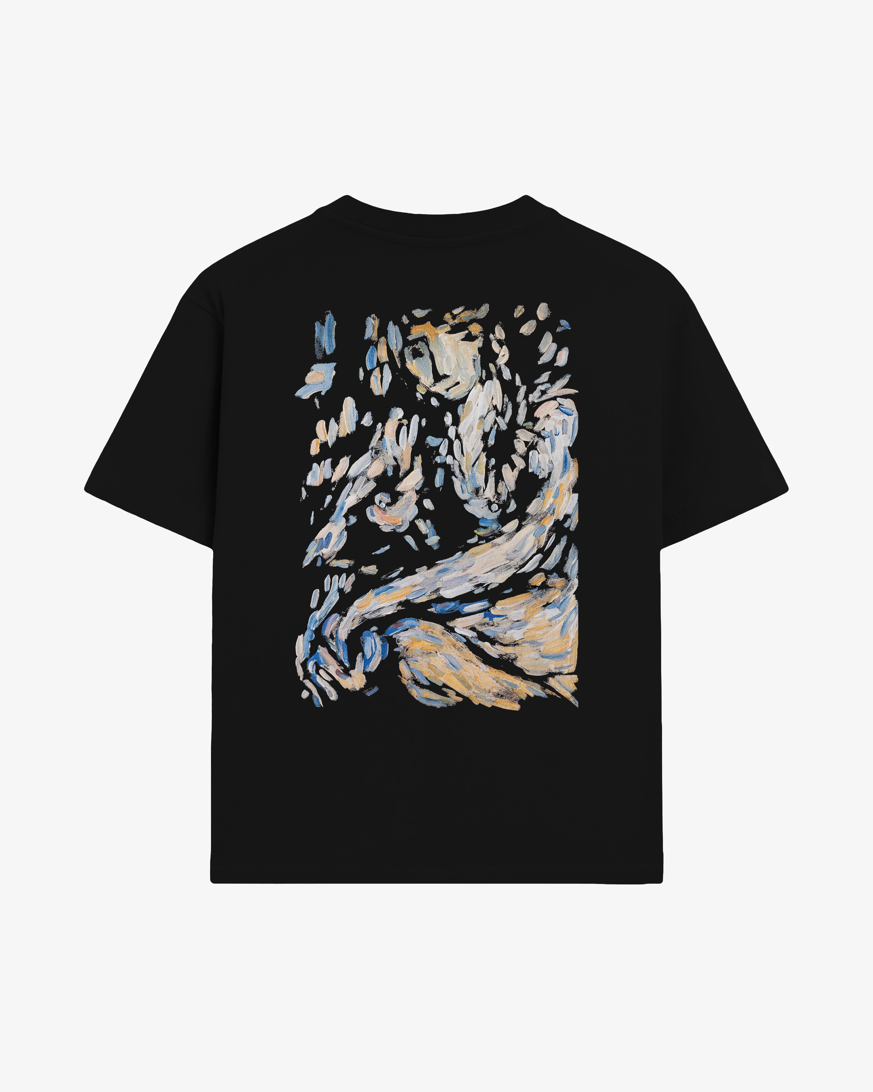 Short-sleeve t-shirt designed for everyday wear
100% cotton fabric with a soft and breathable feel
Regular fit with a straight silhouette
Front chest logo and large back graphic based on an original canvas painting
Black base with multicoloured artistic print
Machine wash cold
Made in Portugal