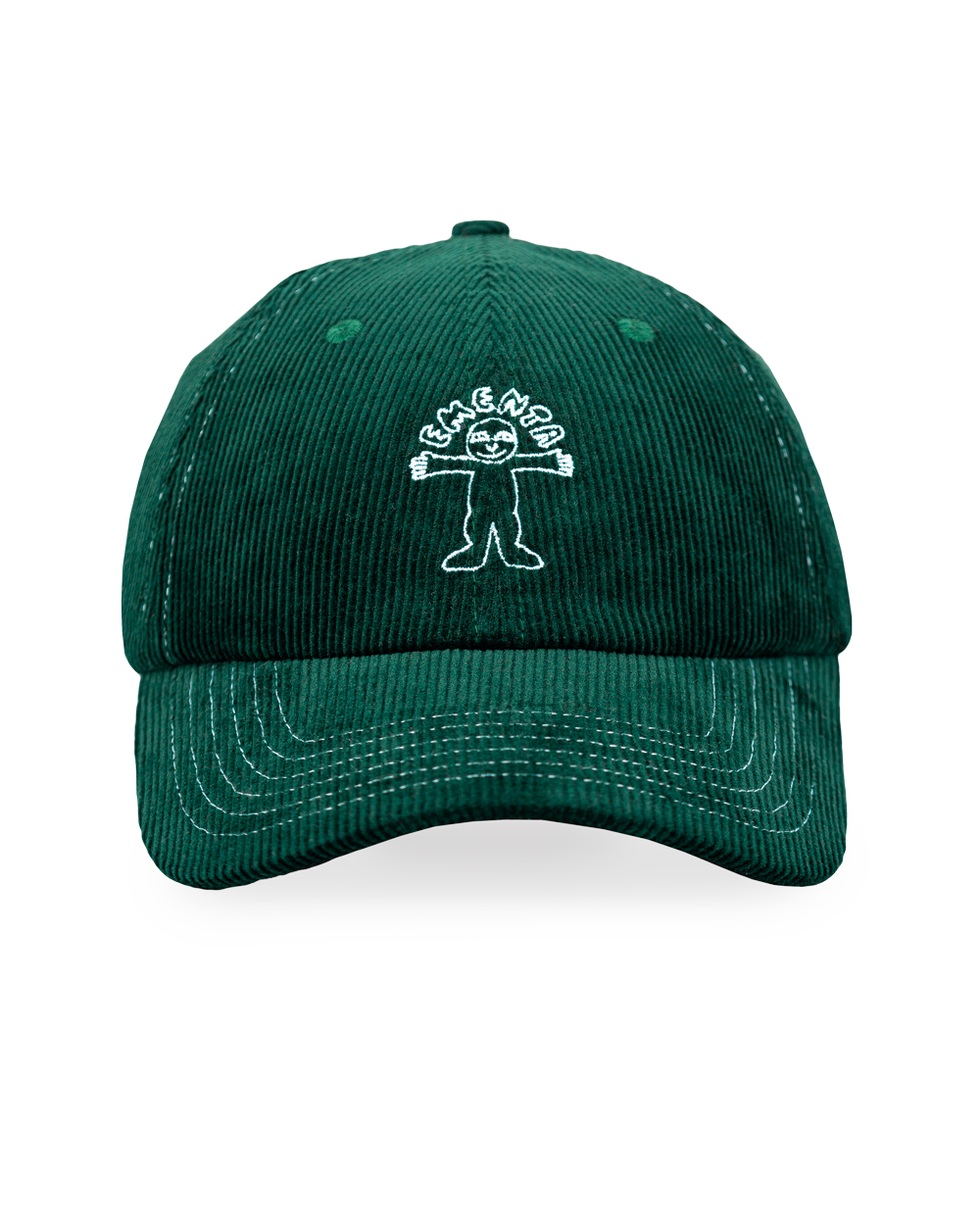 Forest green corduroy with white stitching running through the seams. The Liberation design is embroidered in white on the front, standing out against the soft texture. Six-panel build, curved brim, and an adjustable strap at the back. 100% cotton corduroy.