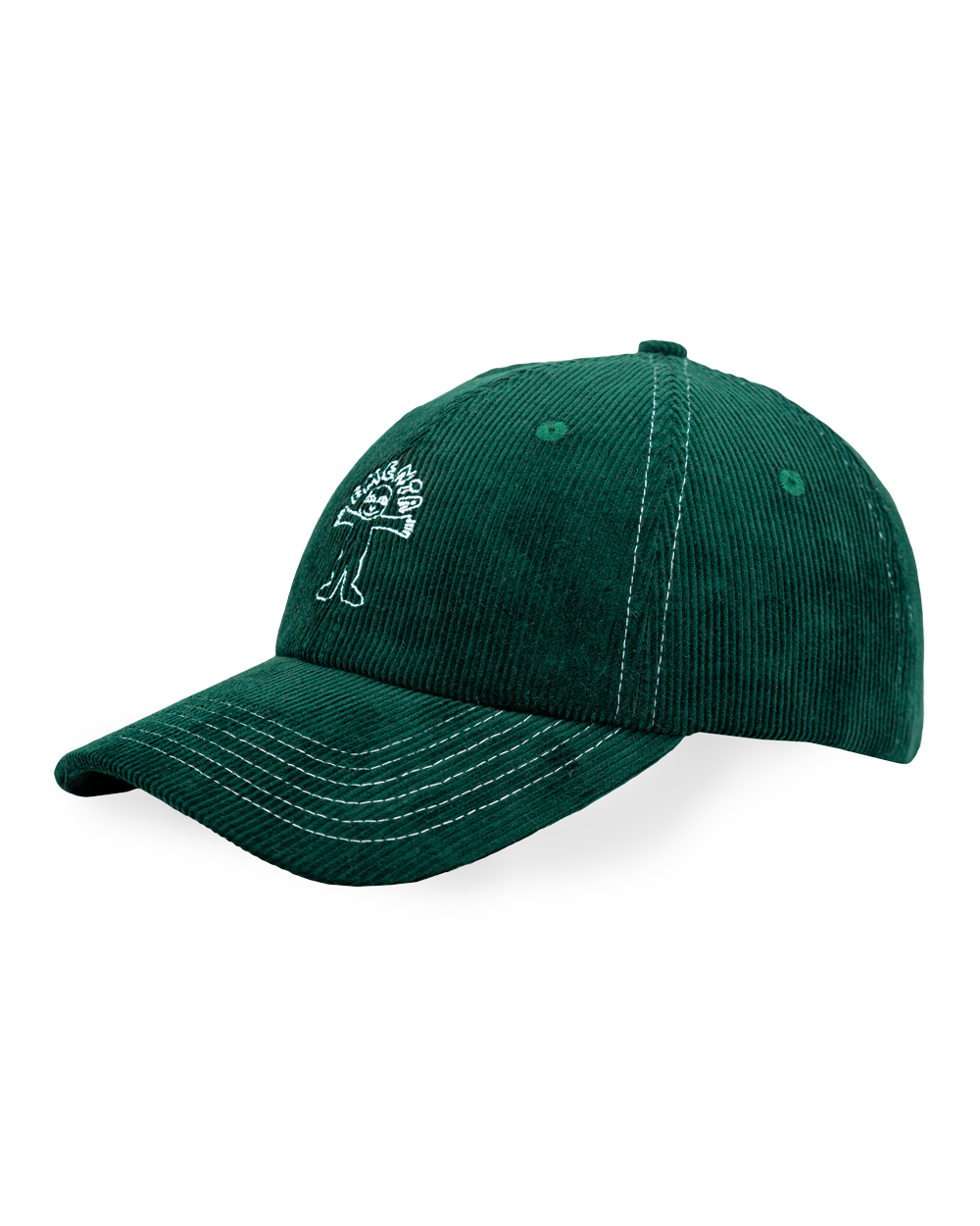 Forest green corduroy with white stitching running through the seams. The Liberation design is embroidered in white on the front, standing out against the soft texture. Six-panel build, curved brim, and an adjustable strap at the back. 100% cotton corduroy.