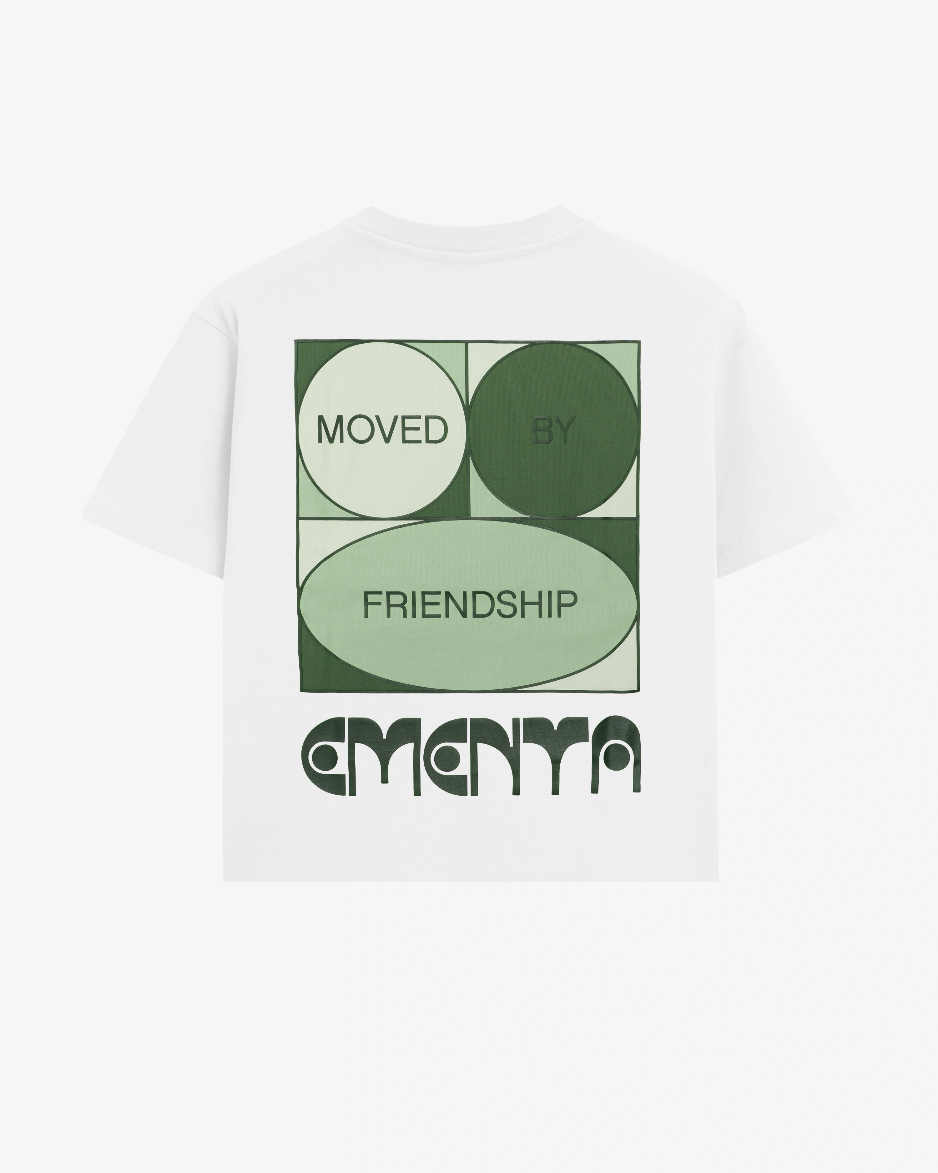 100% Cotton (220gsm)
Heavyweight cotton fabric with soft hand-feel
Boxy, relaxed fit with dropped shoulders
Ribbed crewneck collar
Screen-printed graphic on front and back
Artwork celebrates friendship and unity
"EMENTA© Moved By Friendship" motto on the back
Double-stitched hems for durability
Made in Portugal