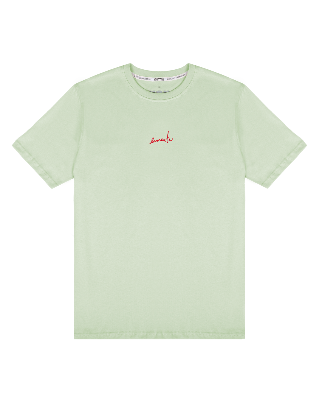 Made from soft cotton fabric, this light green t-shirt offers a comfortable fit that sits naturally on the body, designed to suit all. It features an embroidered signature and the Rosay design printed on the back.