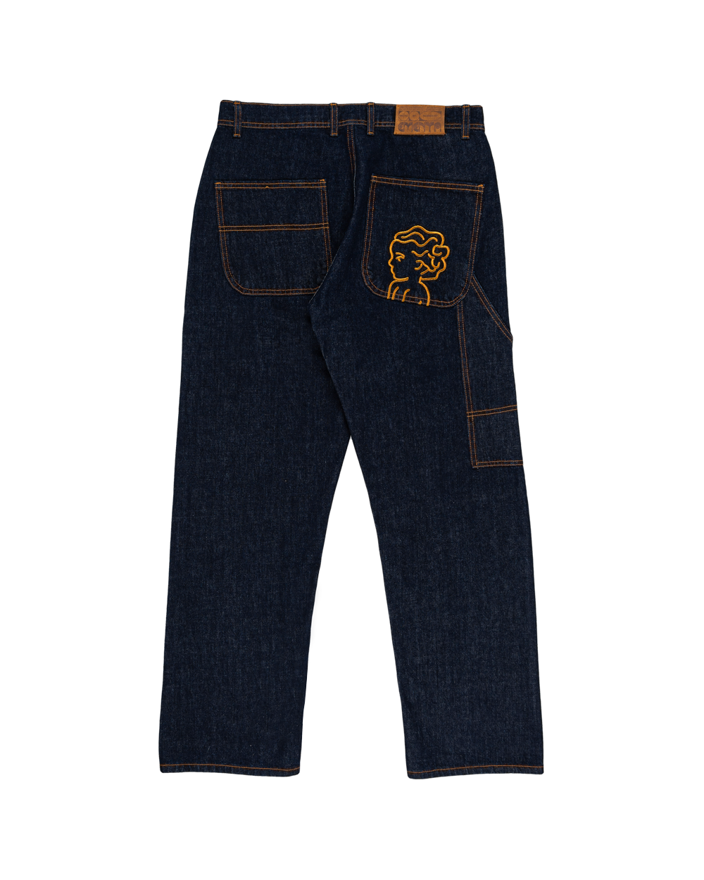 The Big Ikon Jeans Relaxed Fit Pants are designed with a baggy, relaxed straight fit and a mid-waist, offering comfort and ease of movement. The pants are crafted from blue raw denim, providing a timeless and durable look. They feature the Ikon logo embroidered in gold on the back pocket. The pants also include two front pockets, two back pockets, and one side pocket for practical storage.
