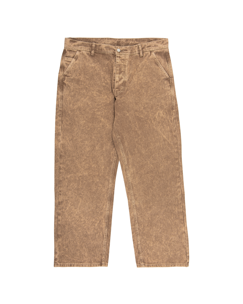 The Big Ikon Twill Relaxed Fit Pants are designed with a baggy, relaxed straight fit and a mid-waist, offering comfort and ease of movement. The pants are crafted from dyed camel rag on twill fabric, providing a unique and stylish color. They feature two front pockets, two back pockets, and one side pocket for practical storage.