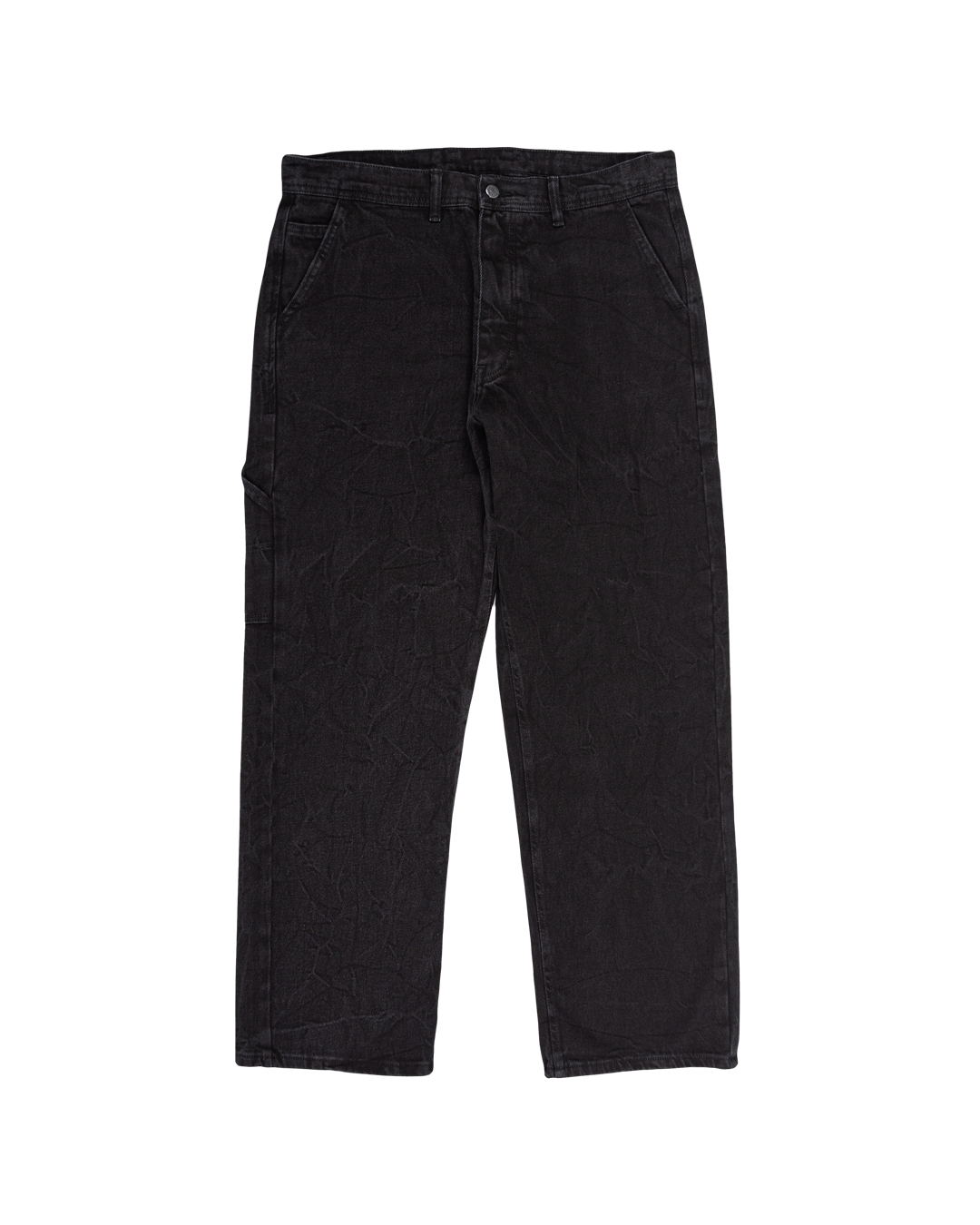 Relaxed-fit jeans made from black marble-washed denim, designed for comfort and durability with a focus on providing the perfect fit. The jeans feature the cocktail design embroidered on the back pocket for added detail. Equipped with two back pockets, two front pockets, and one side pocket for practical storage.
