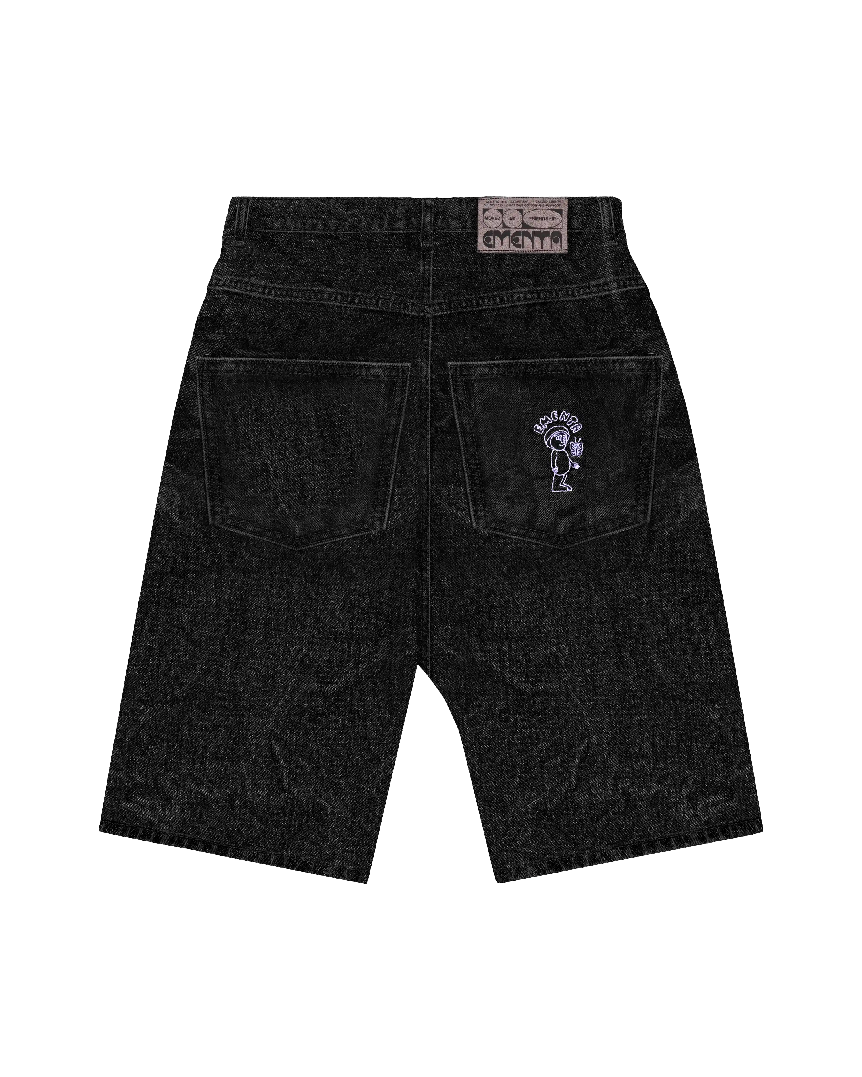 Artist Edition
Baggy fit shorts with a mid-rise
100% cotton denim with a washed finish
Bebucho design embroidered on the back pocket
Butterfly detail embroidered on the front coin pocket
Five-pocket design with zip fly and button closure
Leather patch at the waistband
Made in Portugal