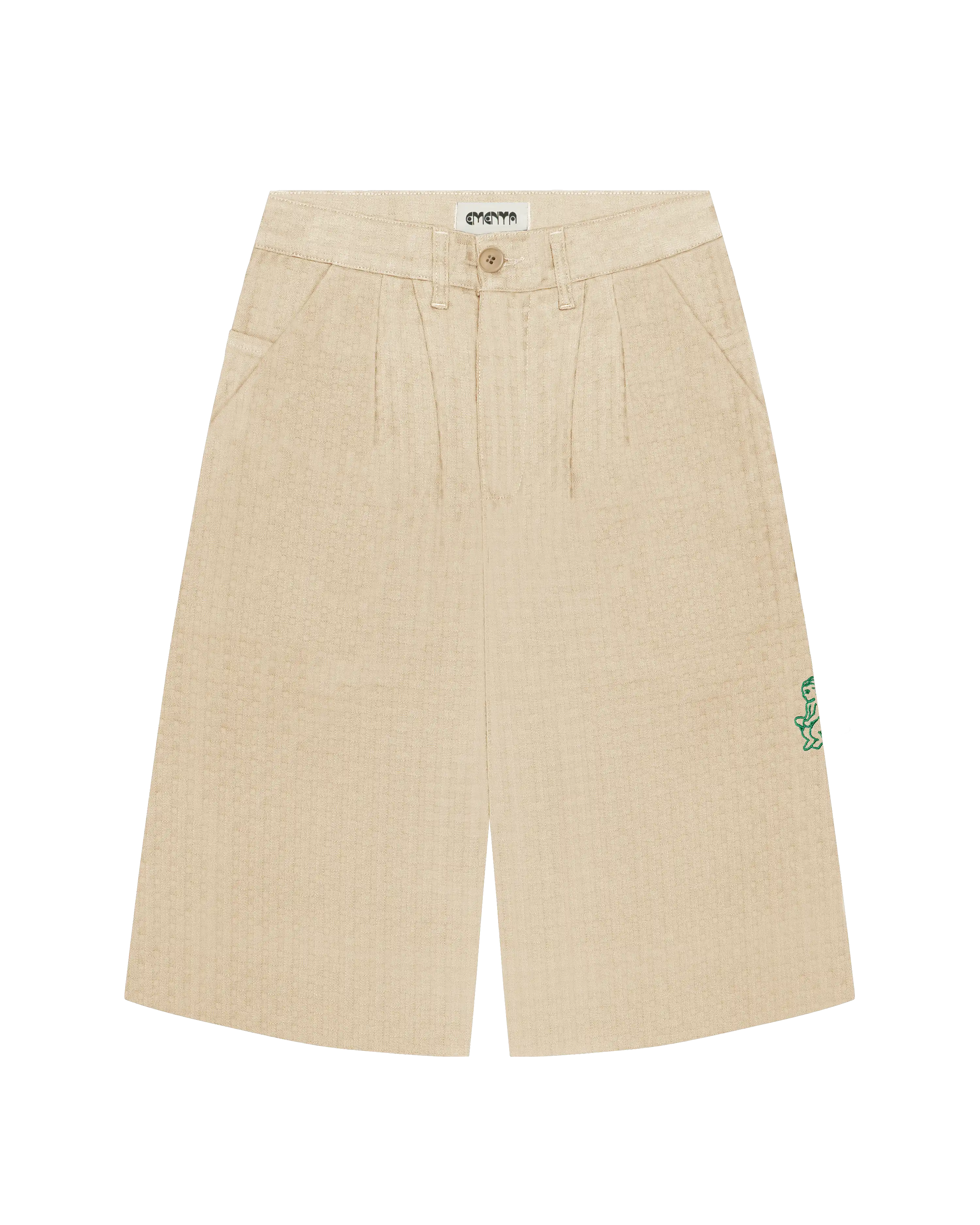 Crafted from 100% cotton twill for durability and comfort
Soft off-white tone for a versatile, clean look
Wide-leg, knee-length silhouette with a relaxed yet tailored fit
Front pleats enhance structure and shape
Functional side and back welt pockets for everyday practicality
Classic zip fly with a secure button closure
Distinctive green Ikon logo embroidery detail on the side
Belt loops for personalized styling options
Designed for a unisex fit, flattering all body types
Made in Portugal 